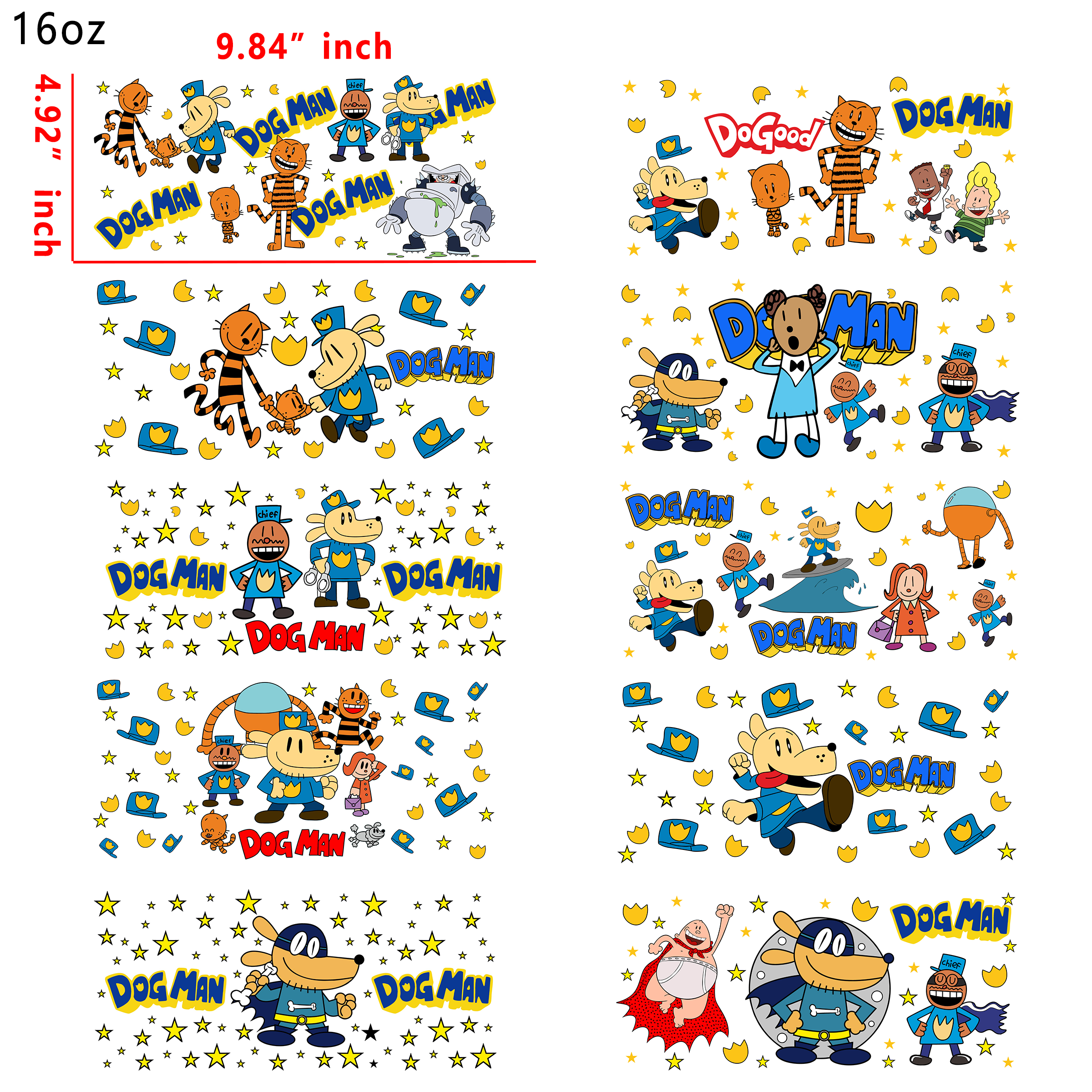 10 PCS Dog Man Cartoon DTF Cup wraps 16OZ tumbler water proof