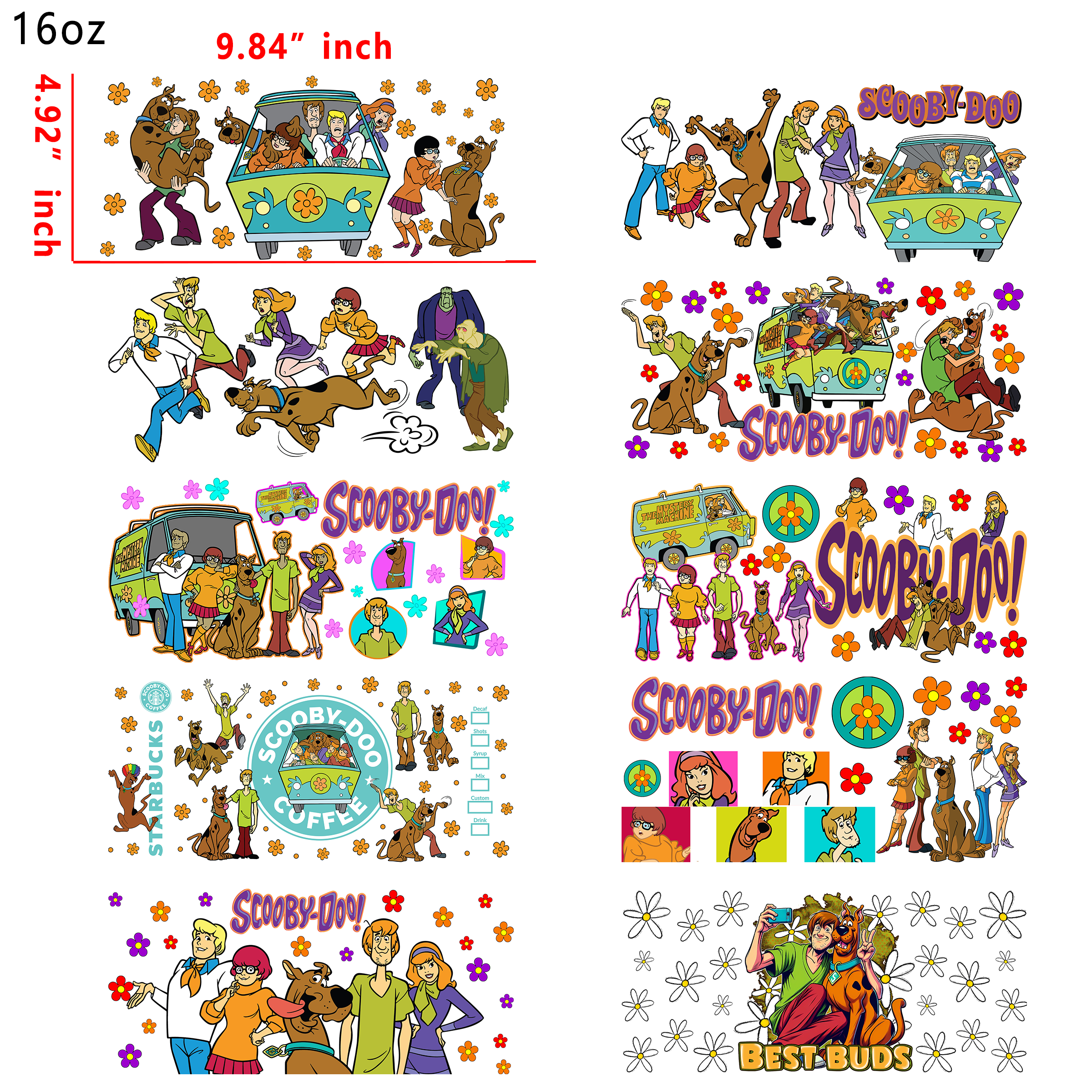 10 PCS Scooby-doo Cartoon DTF Cup wraps 16OZ tumbler water proof