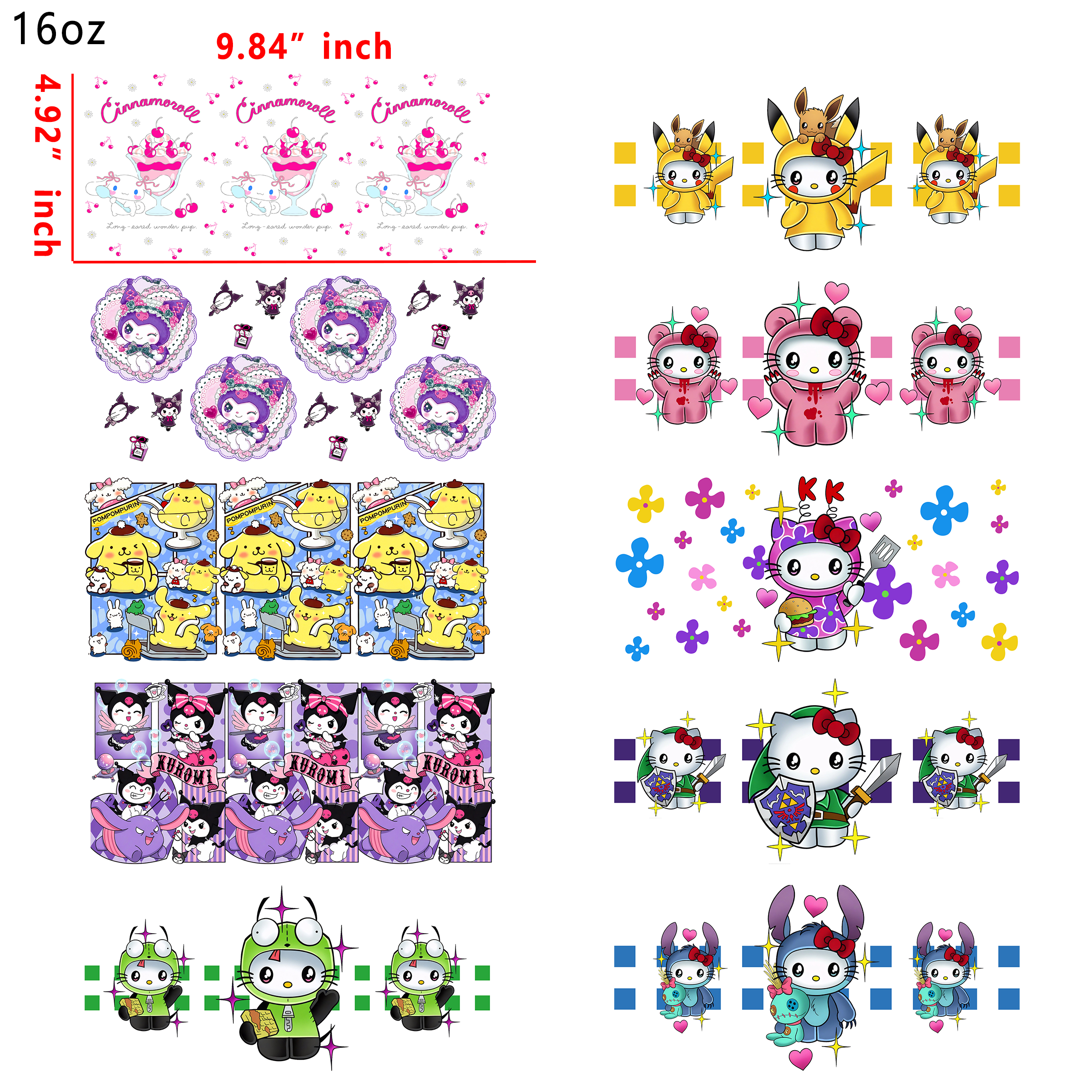 20 PCS Hello Kitty Sanrio Mixed Cup wraps 16OZ tumbler water proof