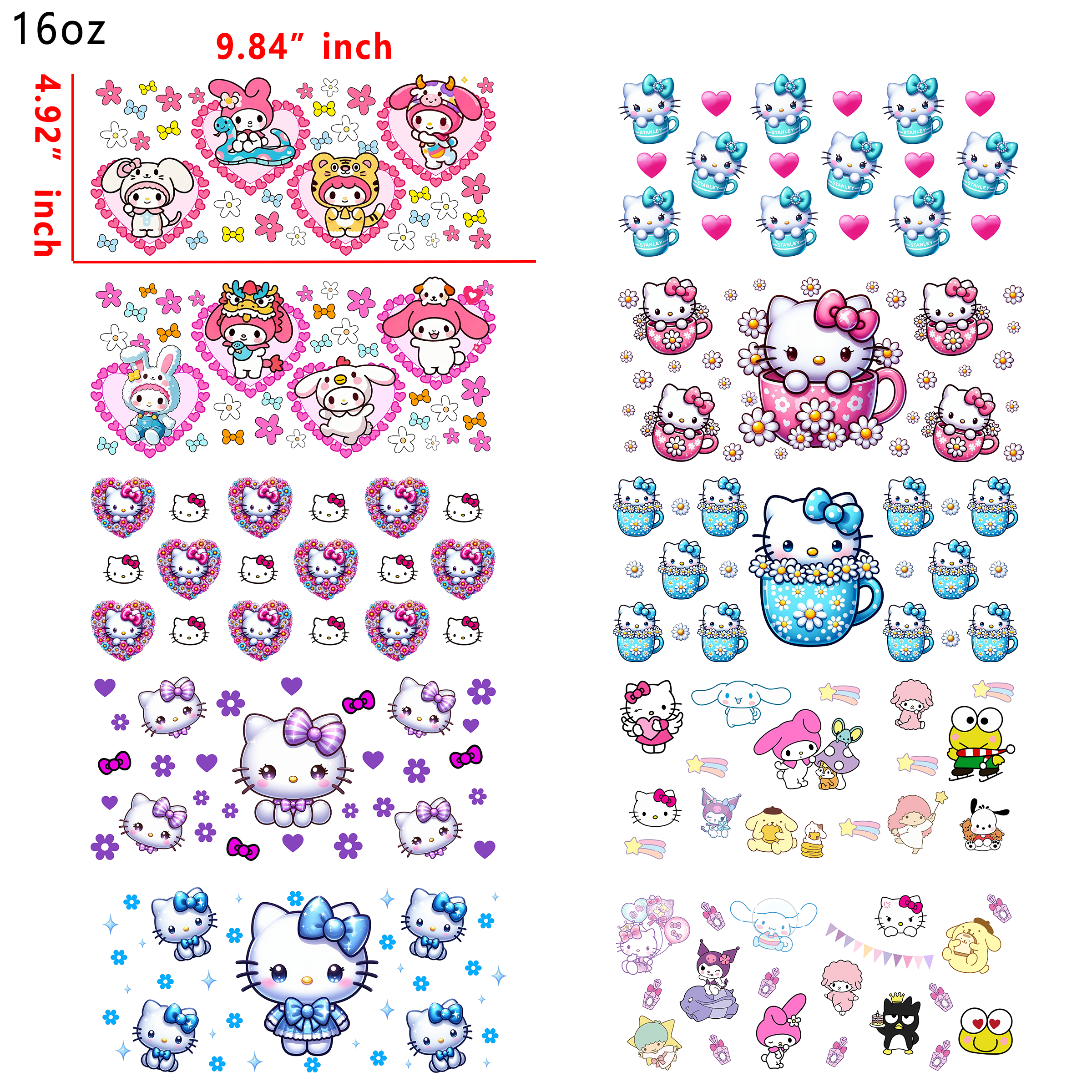 20 PCS Hello Kitty Sanrio Mixed Cup wraps 16OZ tumbler water proof