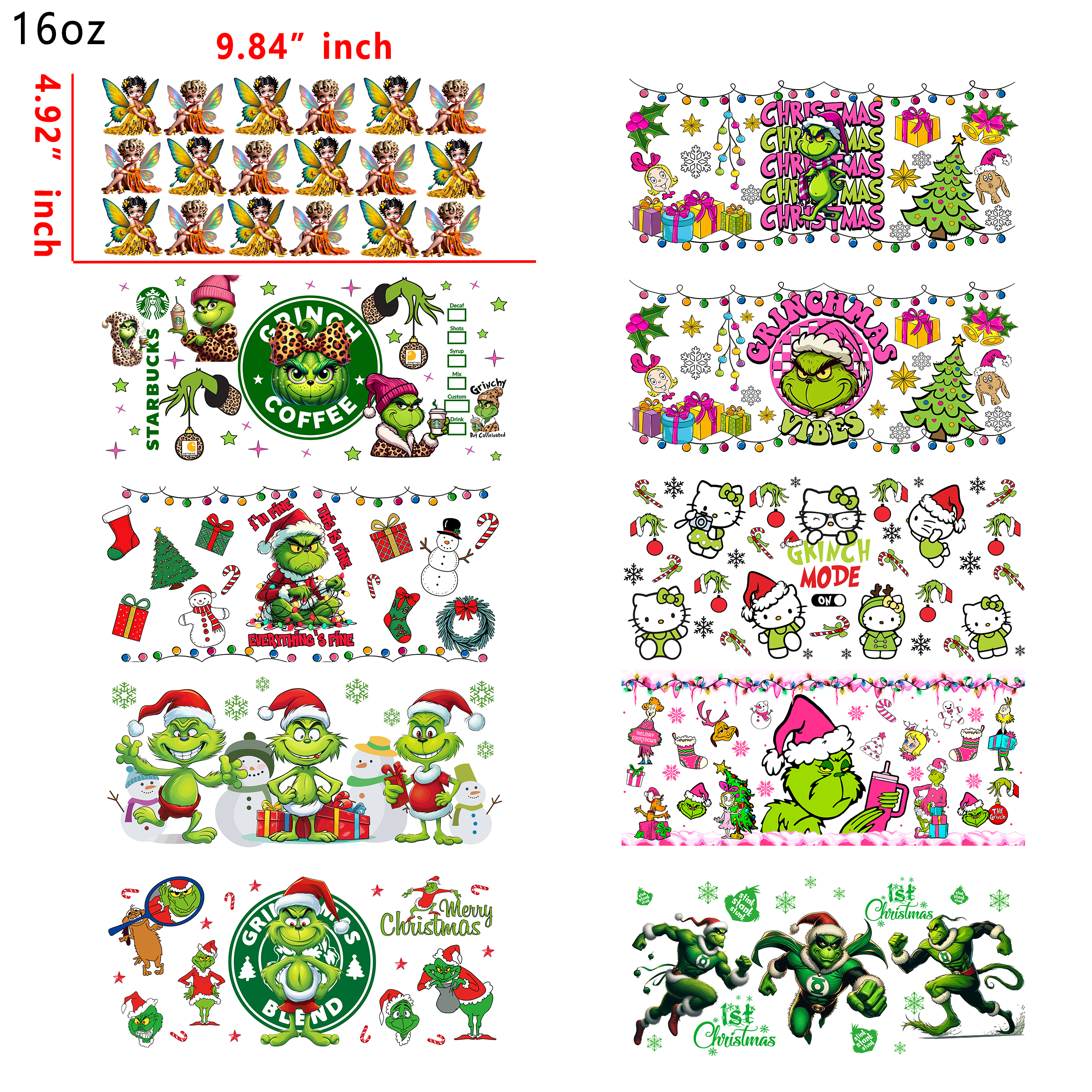 20 PCS Grinch Christmas Mixed Cup wraps 16OZ tumbler water proof