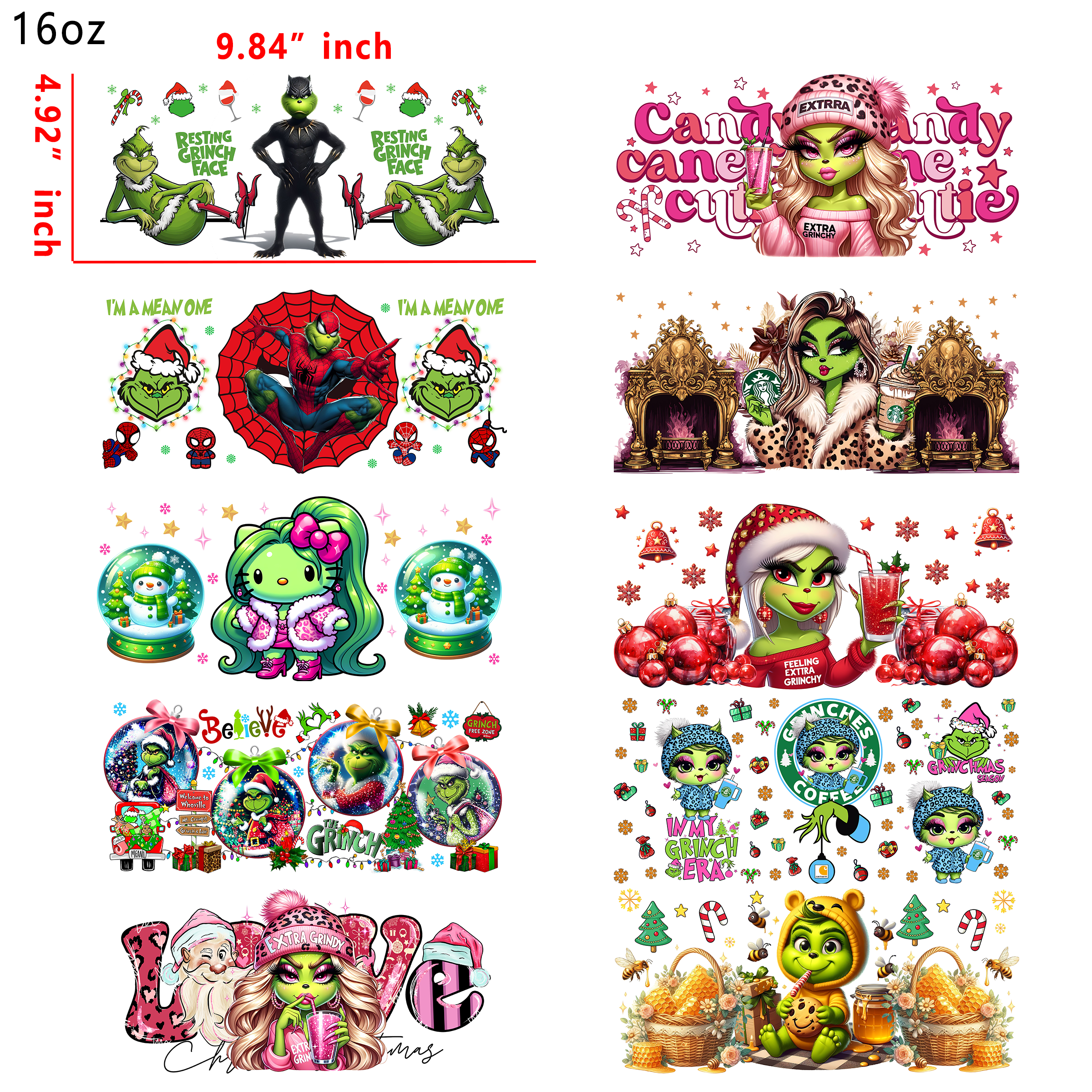 20 PCS Grinch Christmas Mixed Cup wraps 16OZ tumbler water proof