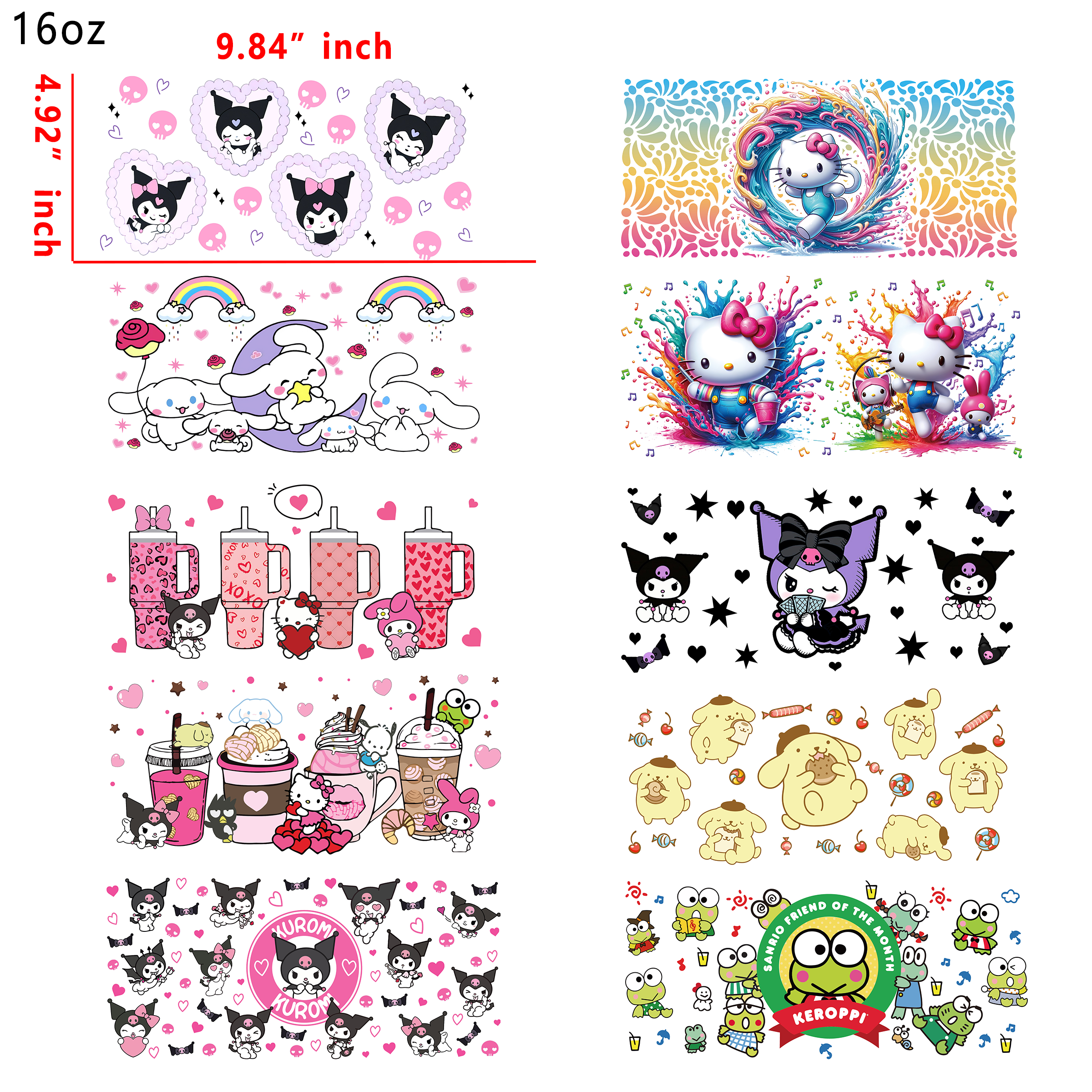 (U27) 20 PCS Hello Kitty Sanrio Mixed Cup wraps 16OZ tumbler water proof