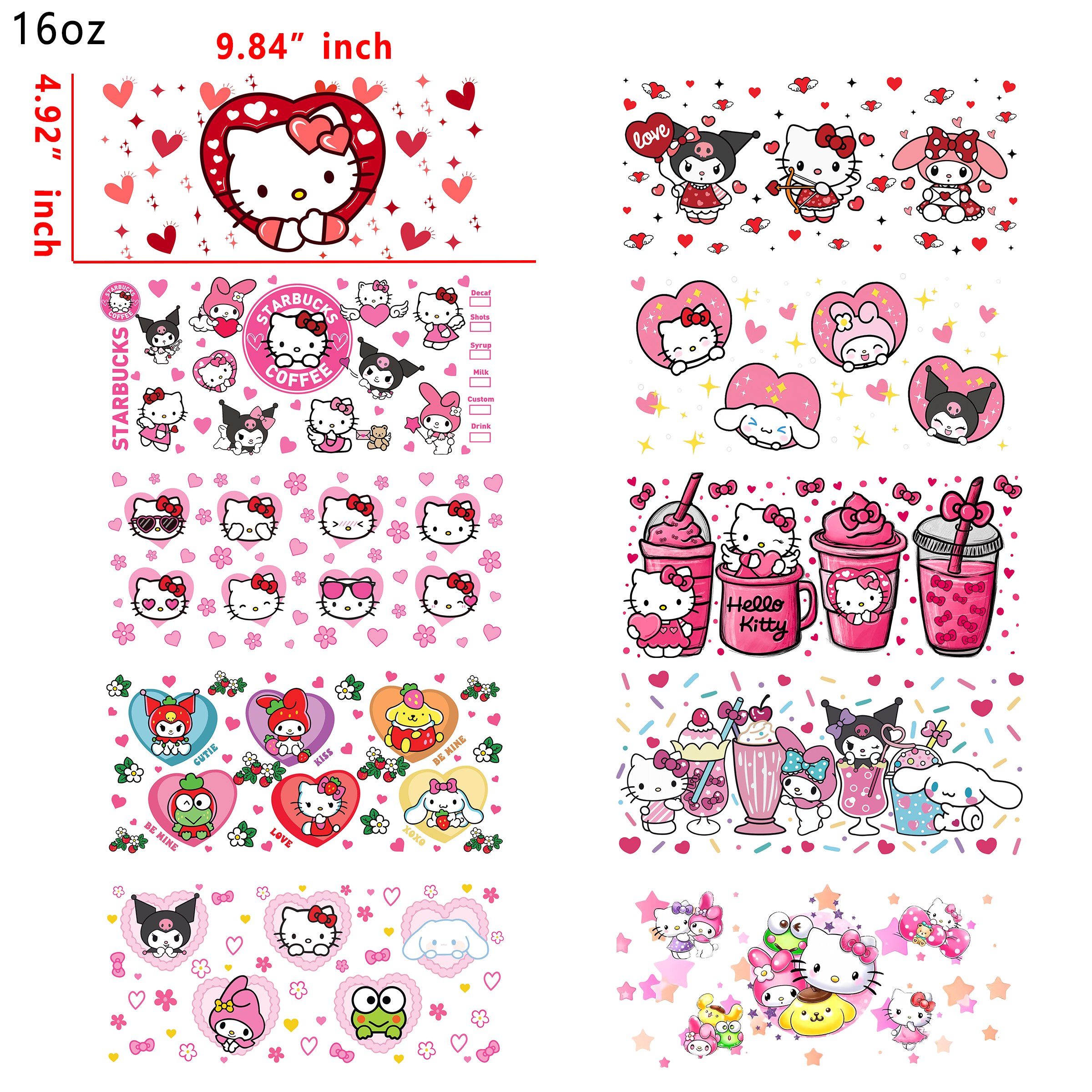 (U27) 20 PCS Hello Kitty Sanrio Mixed Cup wraps 16OZ tumbler water proof