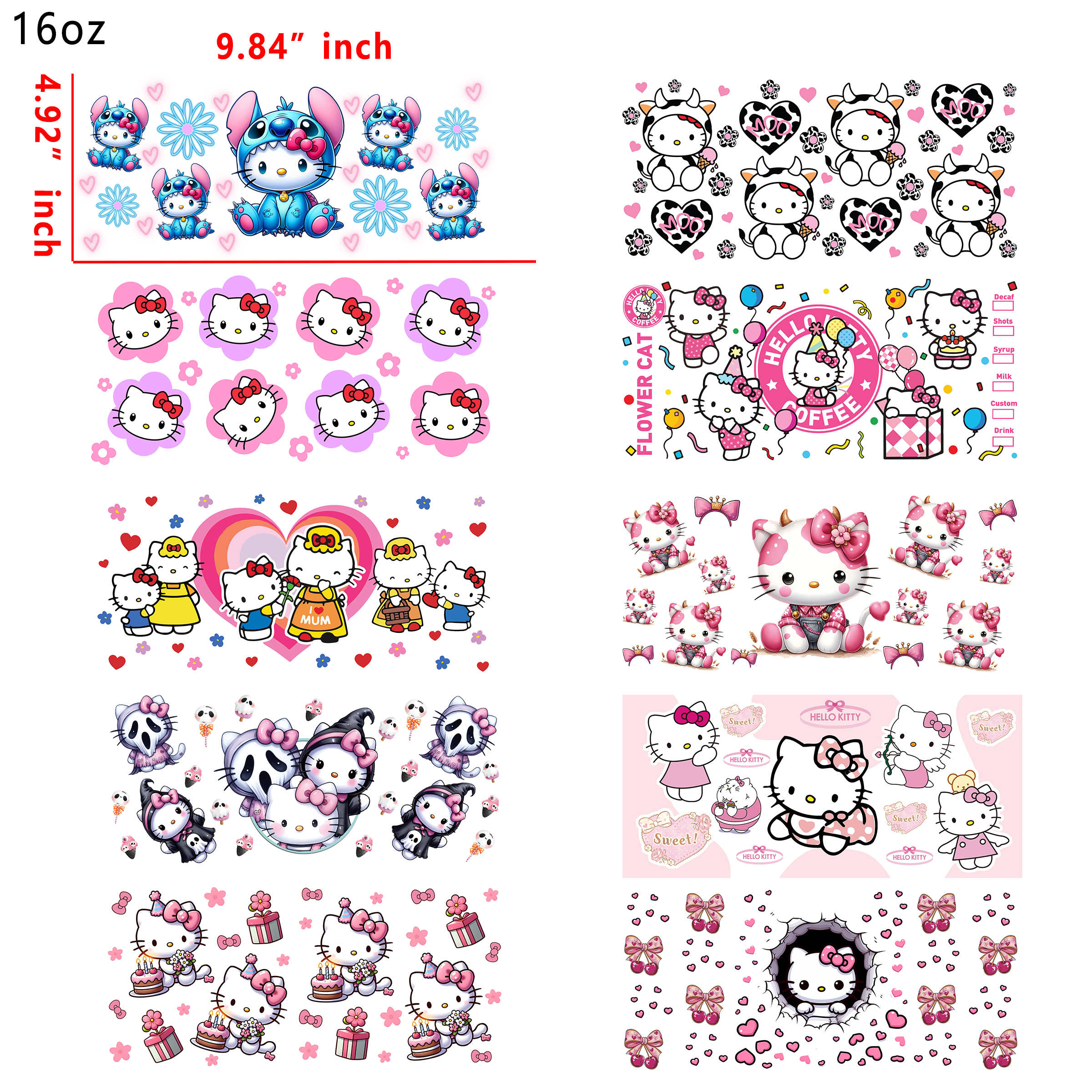 (U42) 20 PCS Hello Kitty Sanrio Mixed Cup wraps 16OZ tumbler water proof