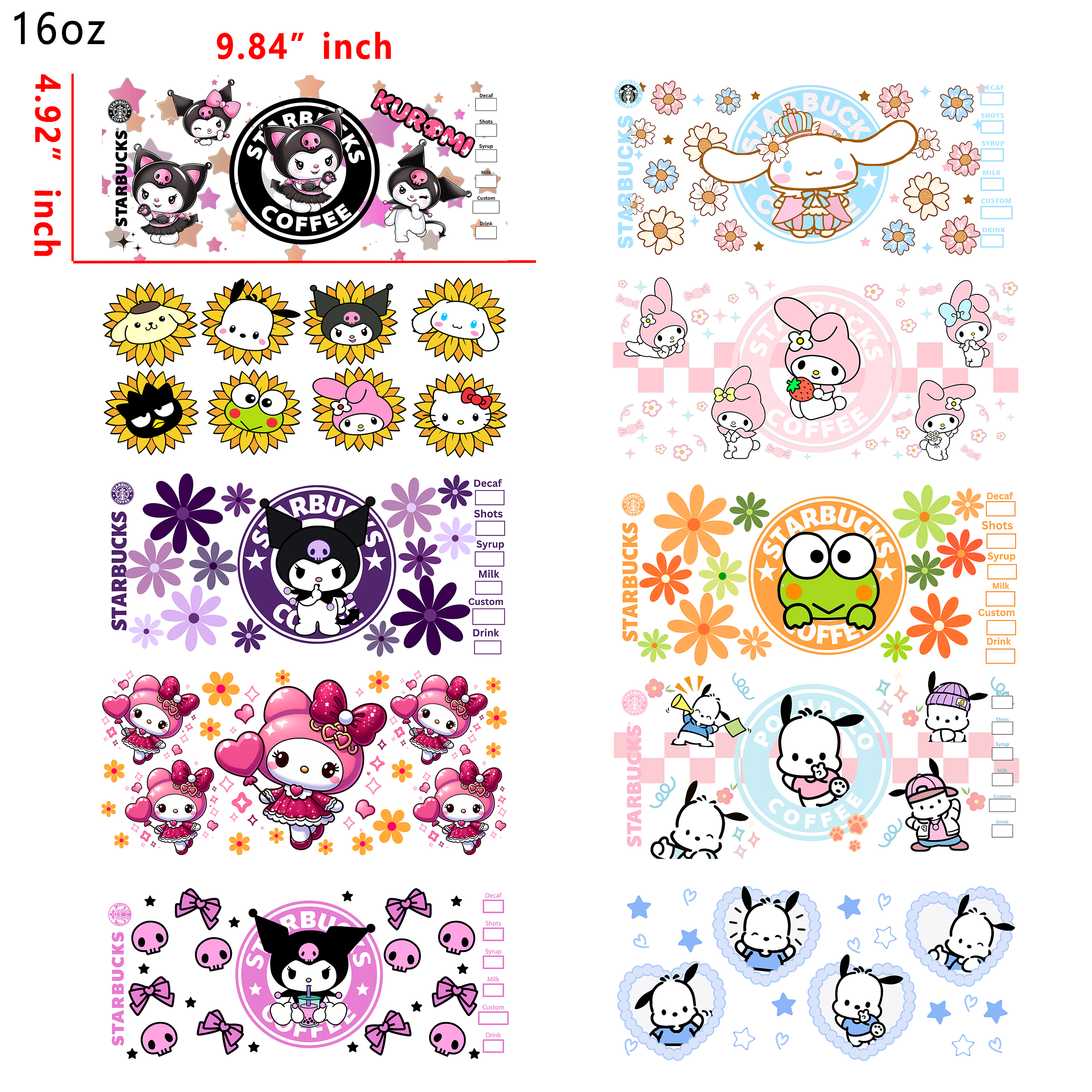 (U45) 20 PCS Hello Kitty Sanrio Mixed Cup wraps 16OZ tumbler water proof