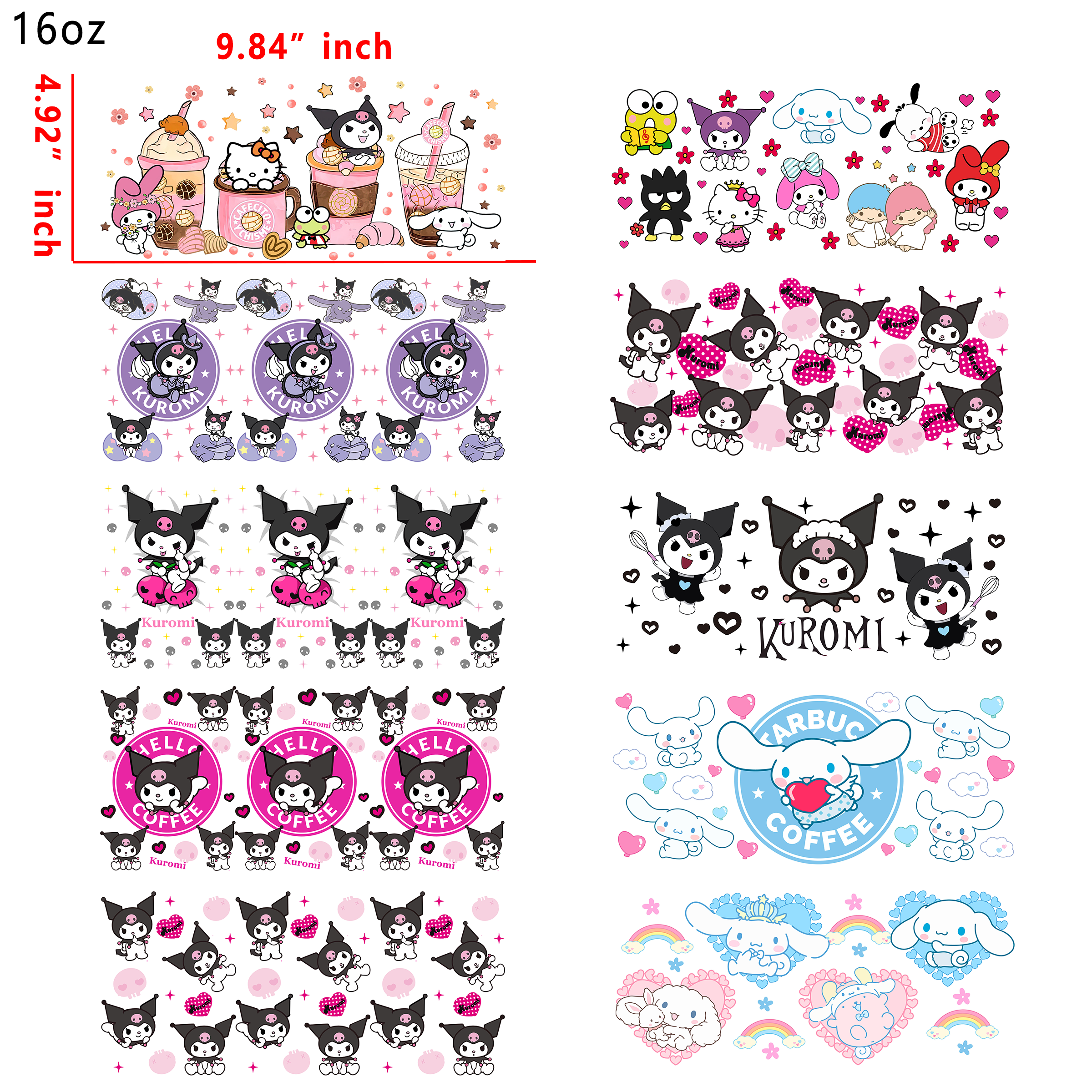 (U45) 20 PCS Hello Kitty Sanrio Mixed Cup wraps 16OZ tumbler water proof