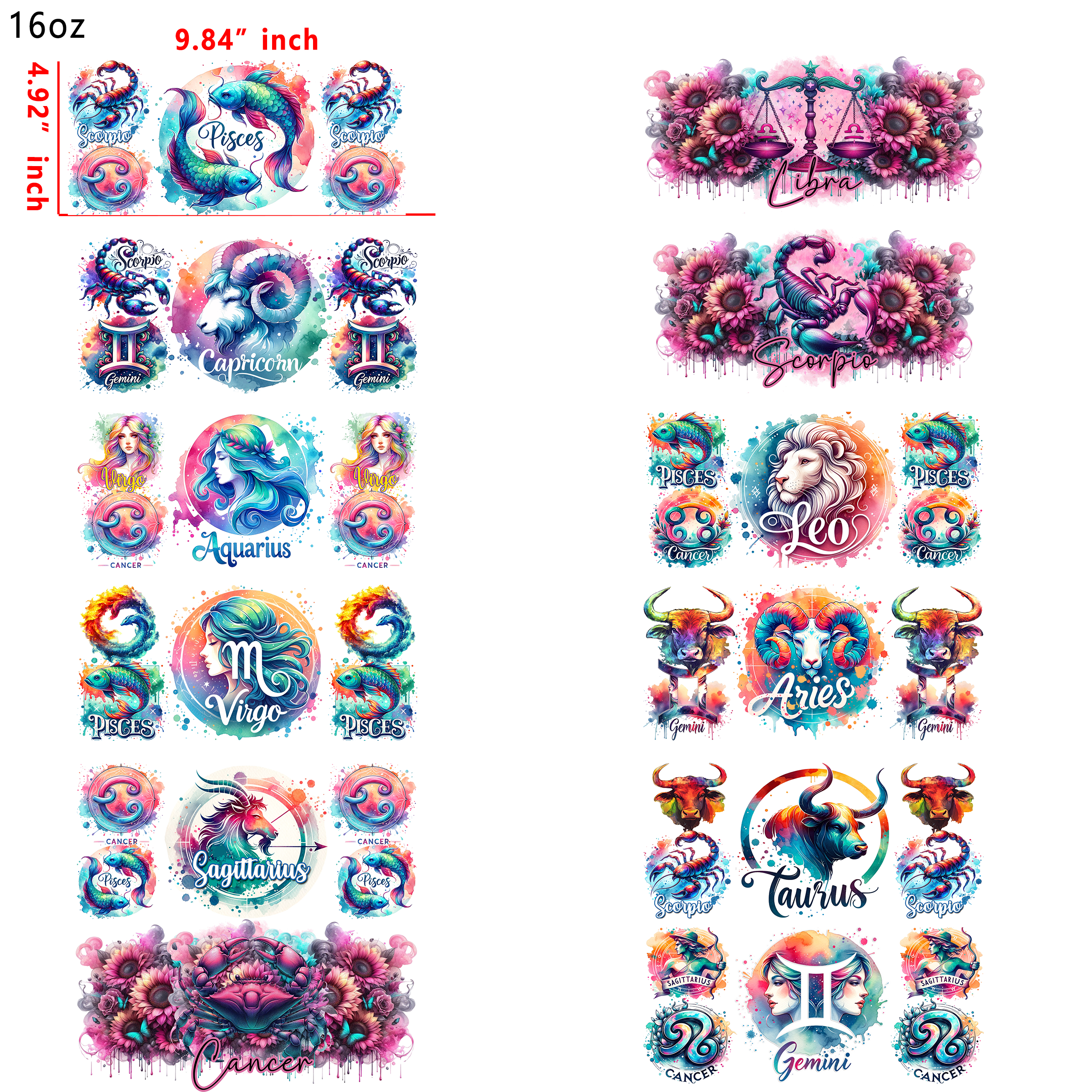 (U53) 12 PCS Zodiac Sign Mixed Cup wraps 16OZ tumbler water proof