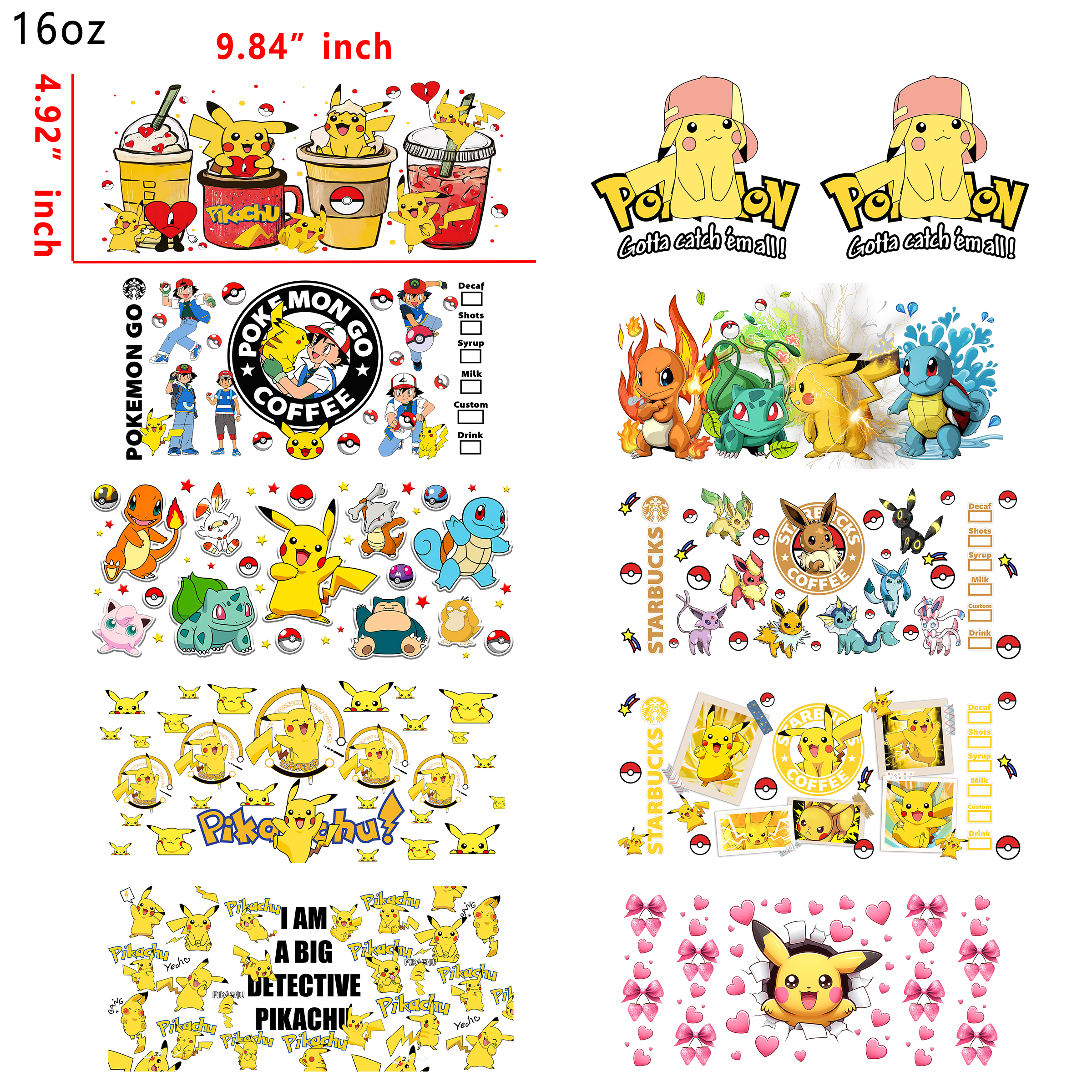 (X6) 20 PCS Pokemon Anime Mixed Cup wraps 16OZ tumbler water proof