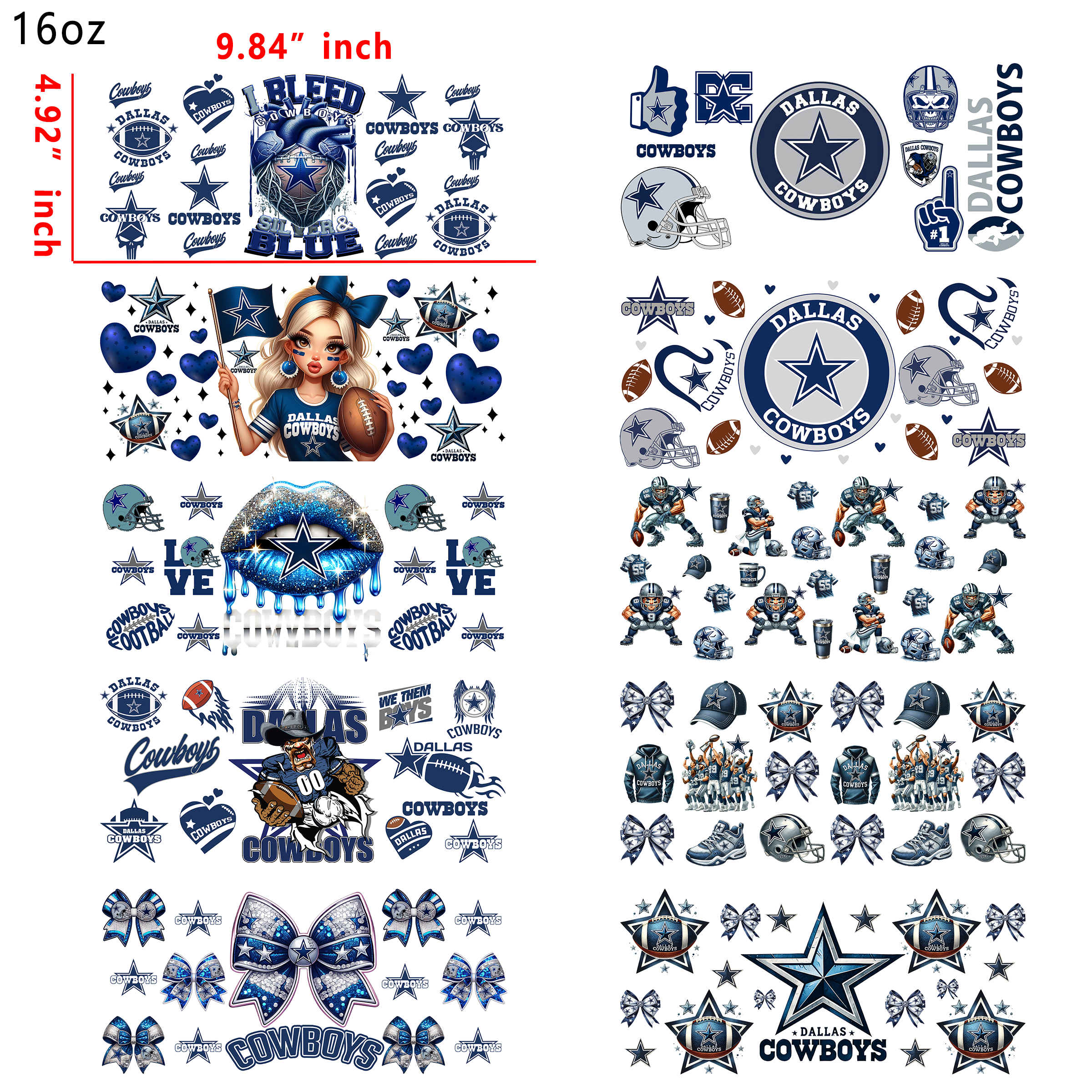 20 PCS Cowboys NFL team Marvel Hero Cup wraps 16OZ tumbler water proof