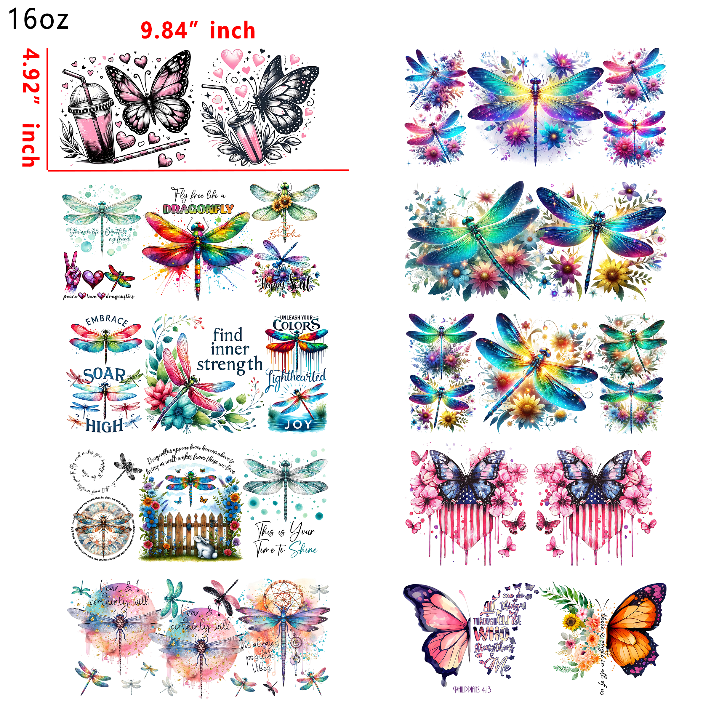 20 PCS Dragonfly Butterfly Animal Cup wraps 16OZ tumbler water proof