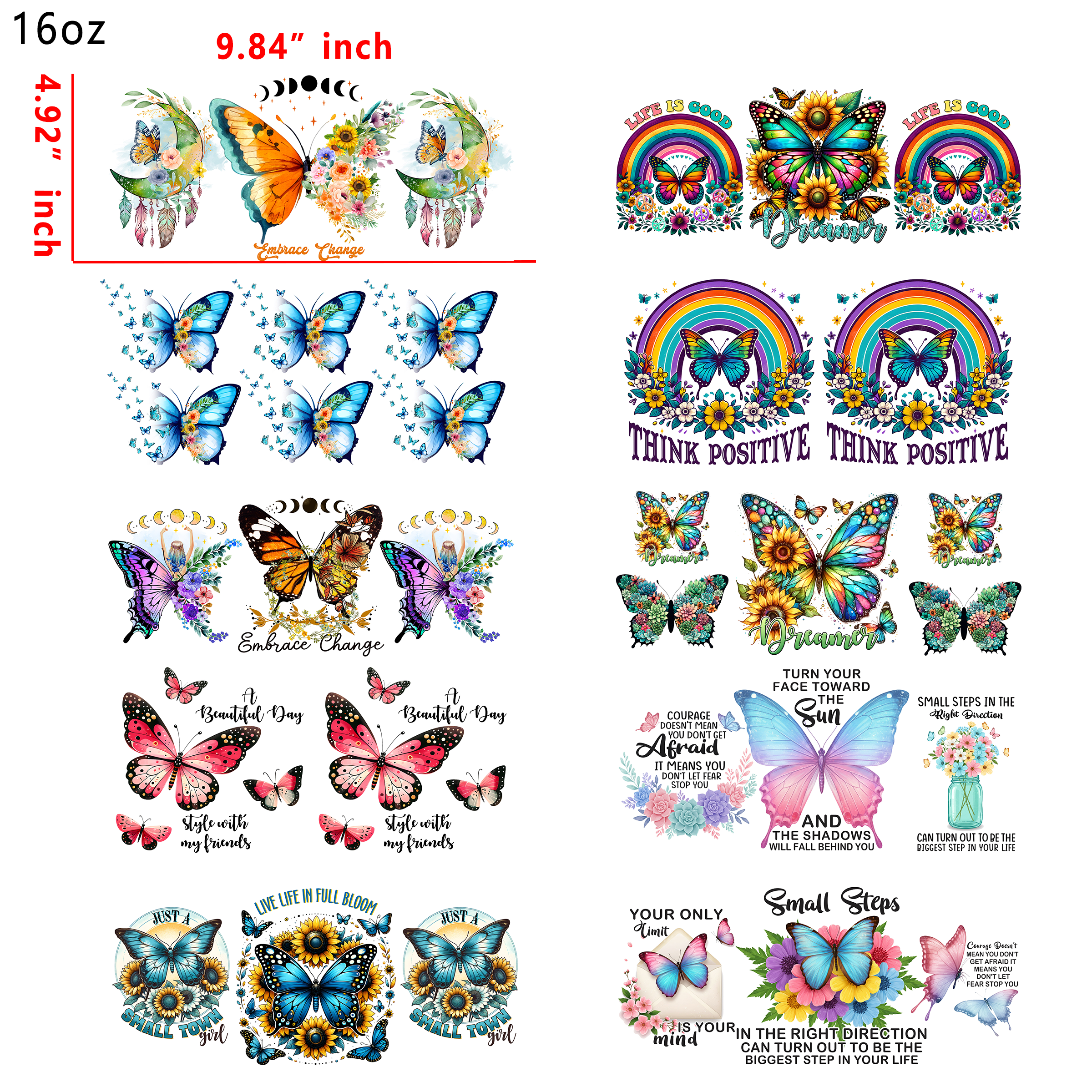 20 PCS Dragonfly Butterfly Animal Cup wraps 16OZ tumbler water proof