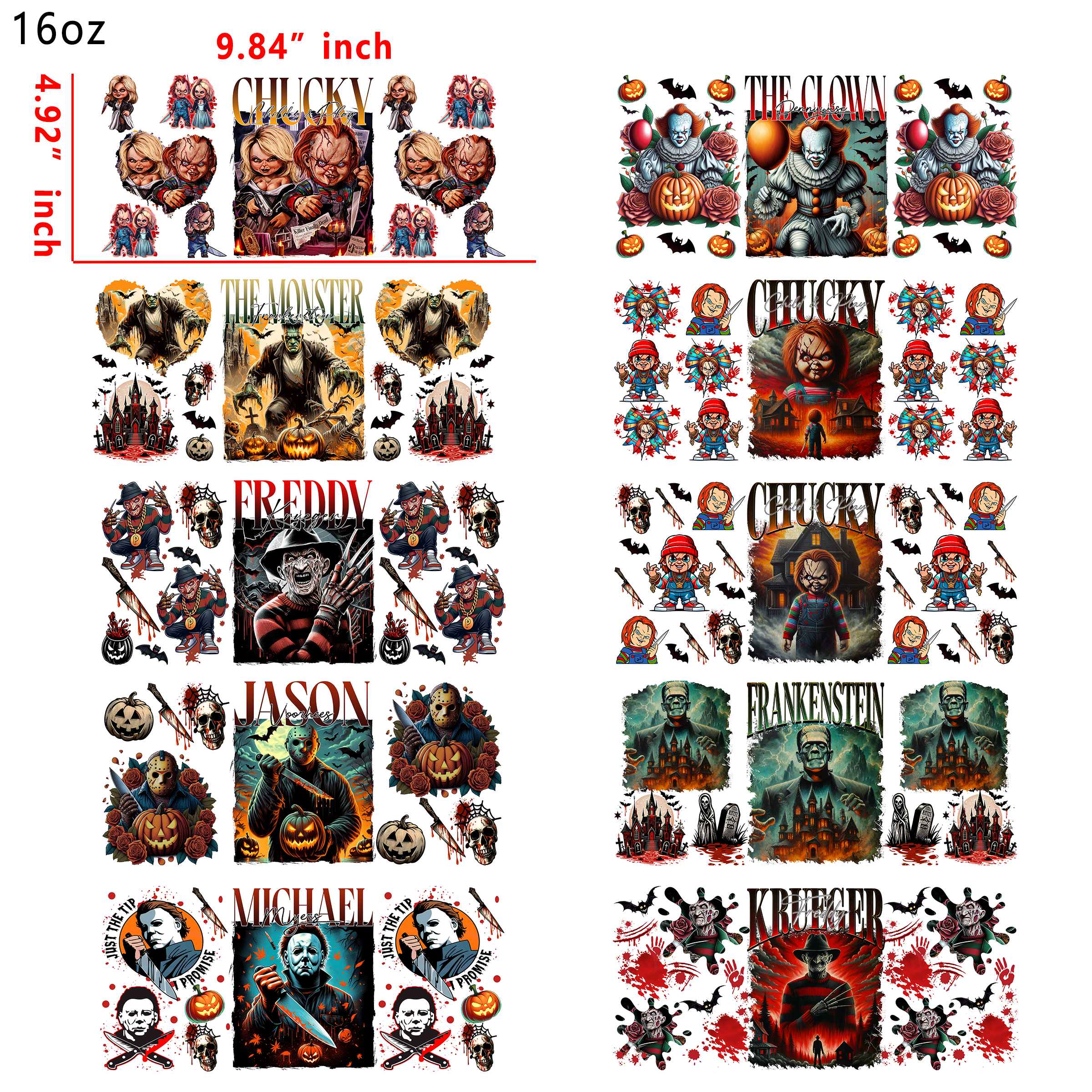 (U19) 20 PCS Horror Charactor up wraps 16OZ tumbler water proof