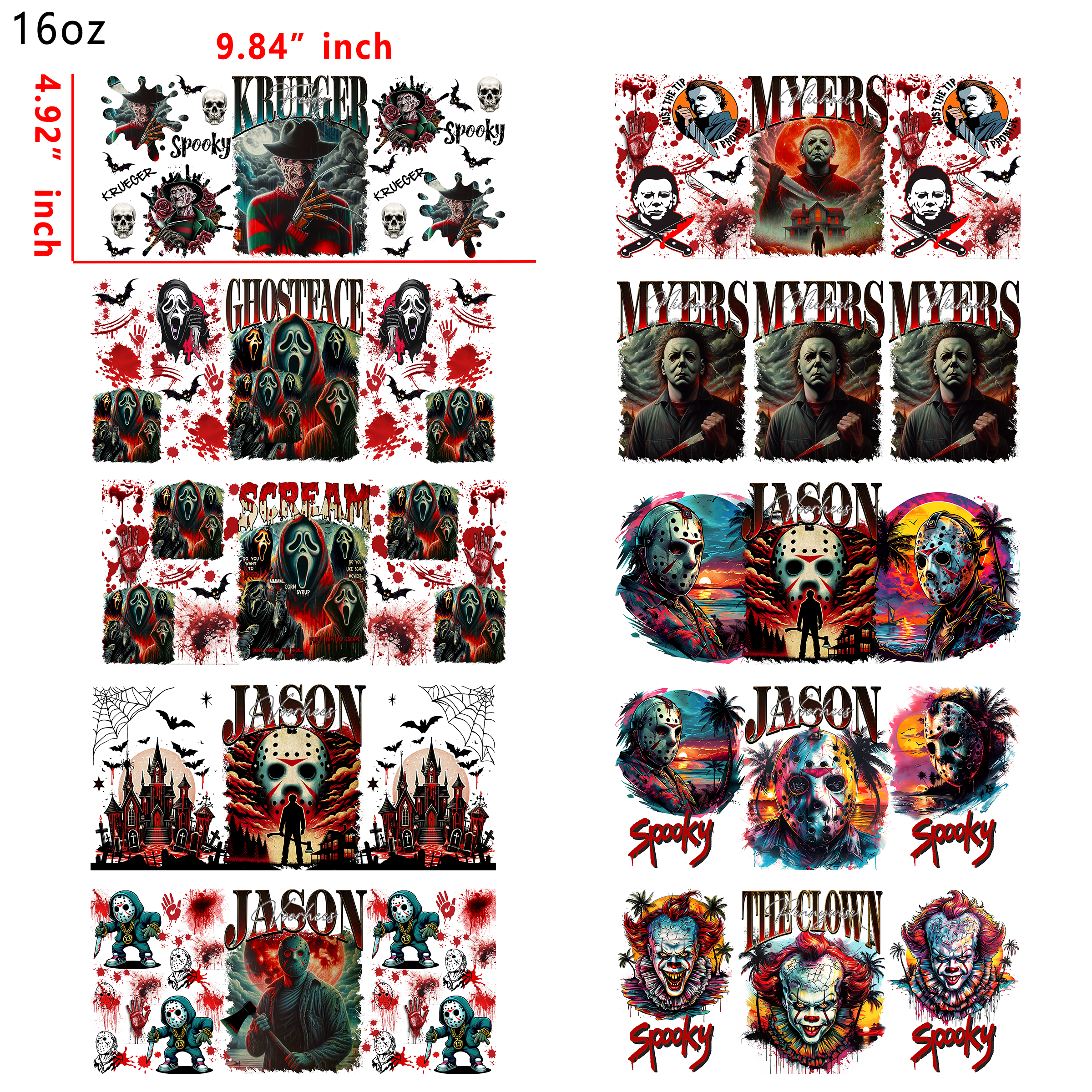 (U19) 20 PCS Horror Charactor up wraps 16OZ tumbler water proof