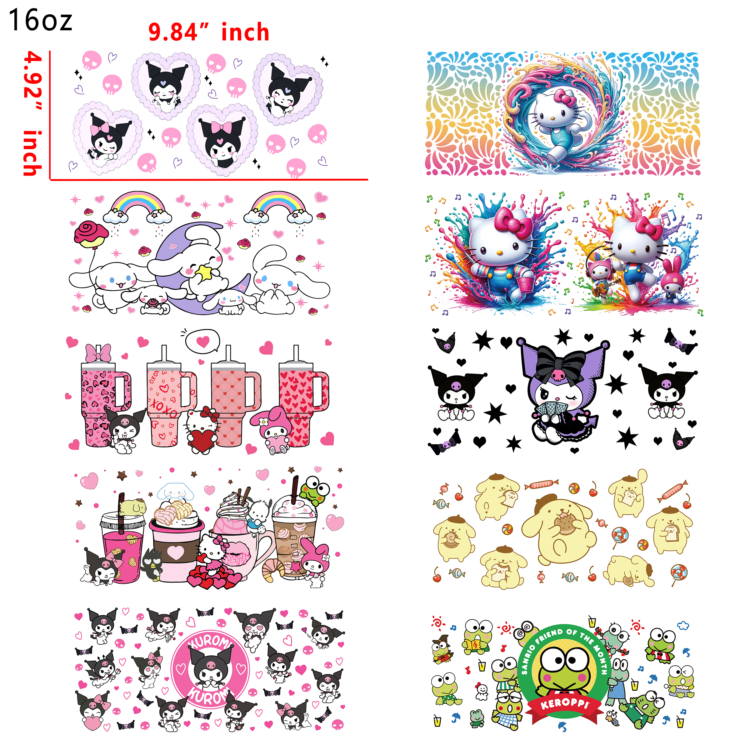 20 PCS Sanrio Mixed Cup wraps 16OZ tumbler water proof