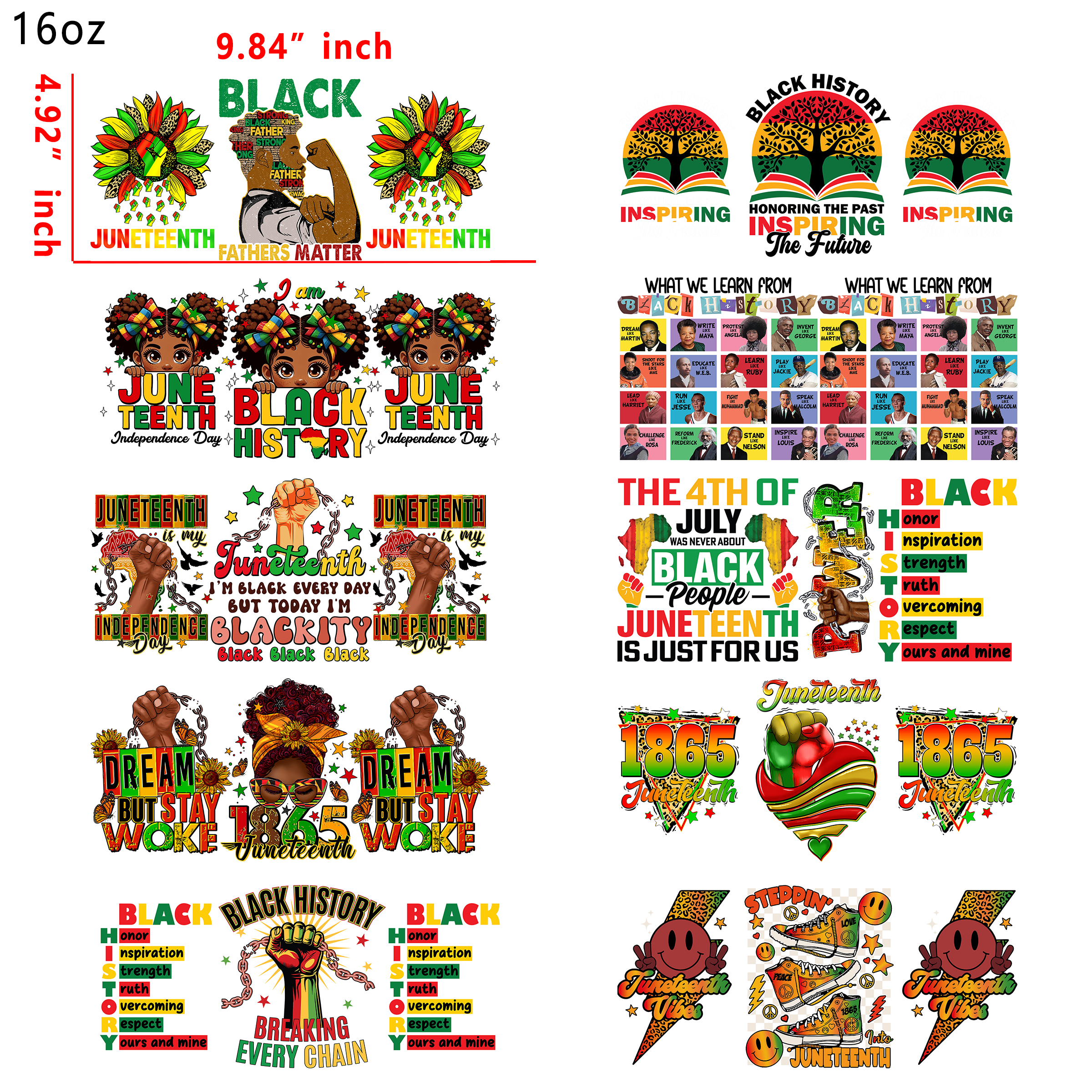 (U39) 20 PCS Juneteeth Cup wraps 16OZ tumbler water proof