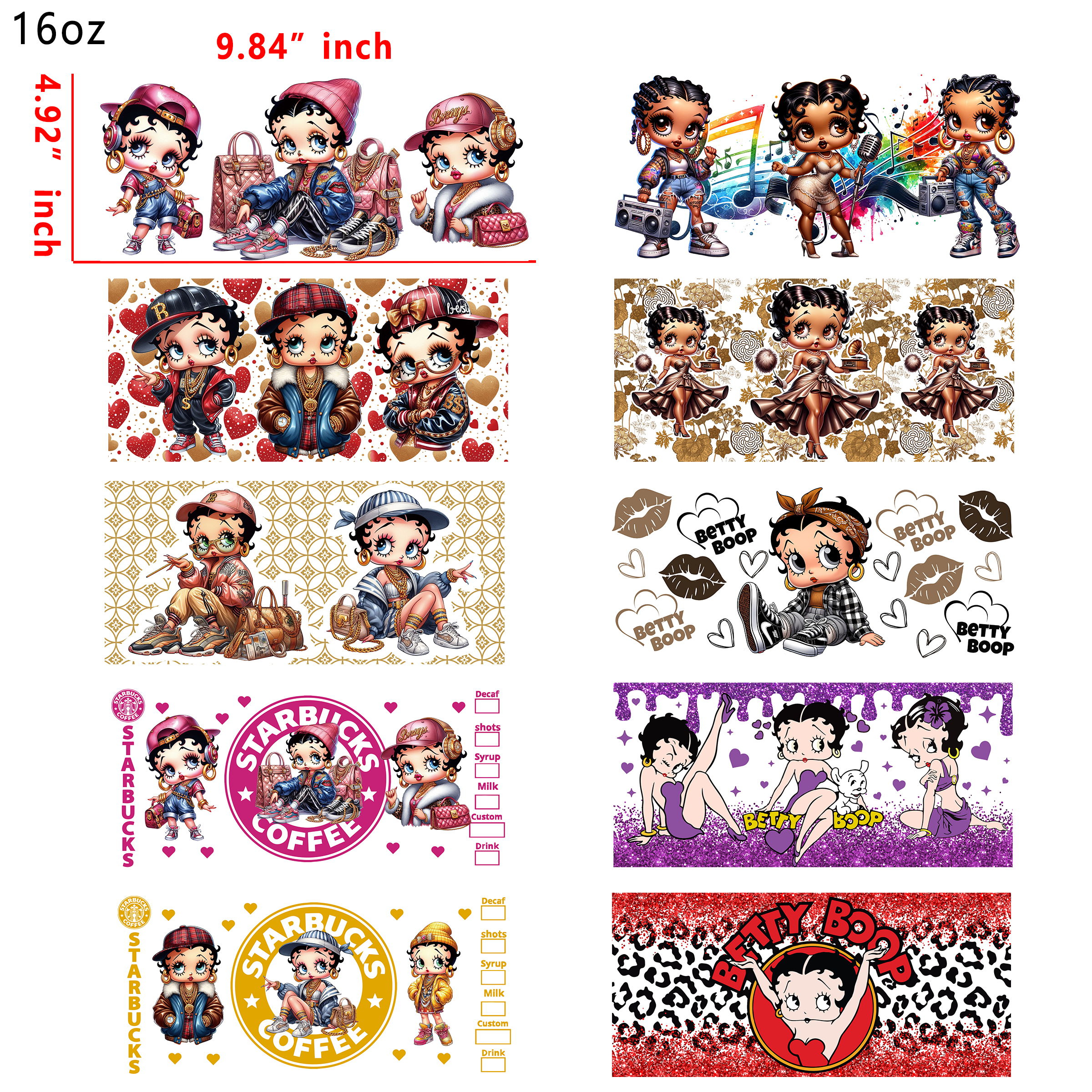 20 PCS Betty Cartoon Cup wraps 16OZ tumbler water proof