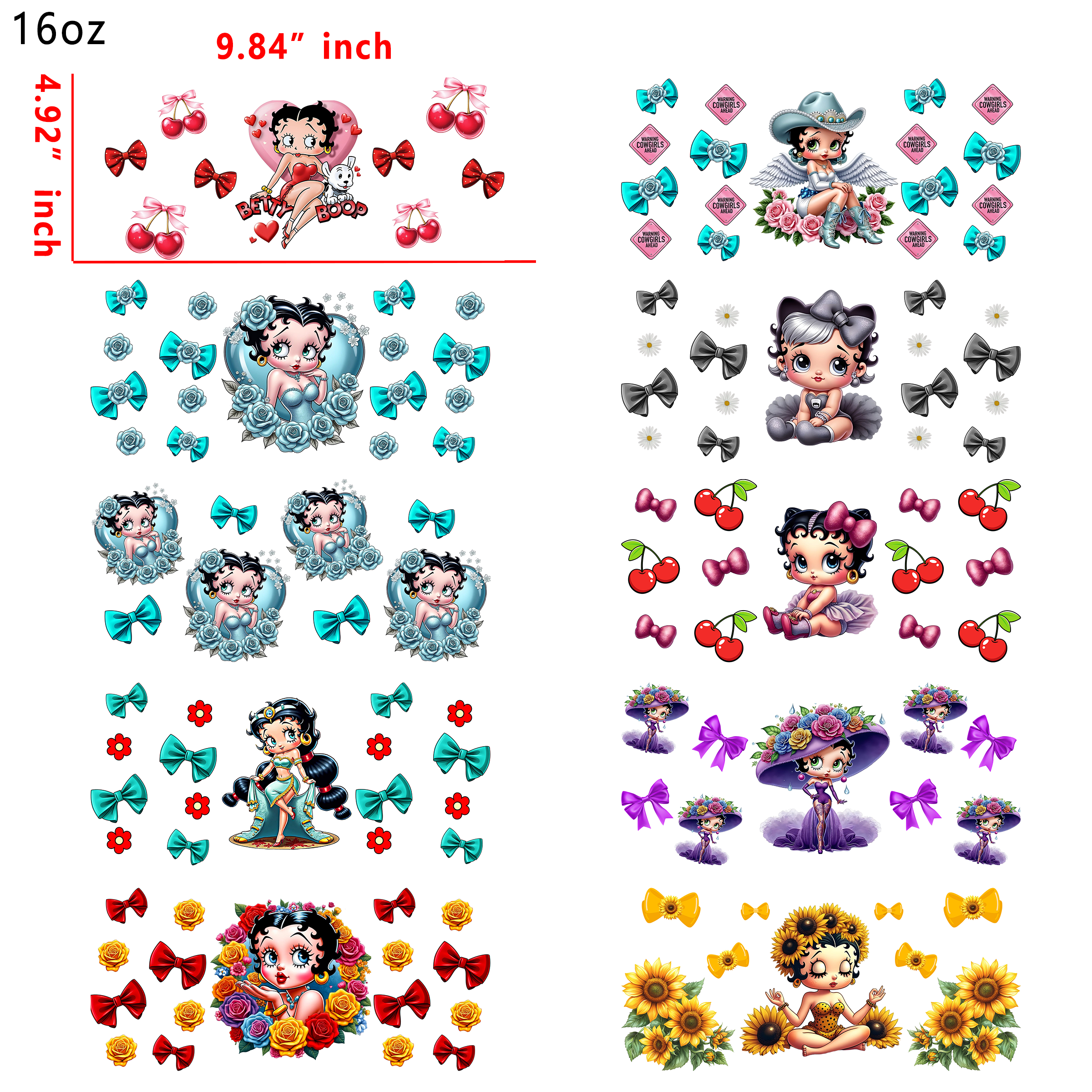 20 PCS Betty Cartoon Cup wraps 16OZ tumbler water proof