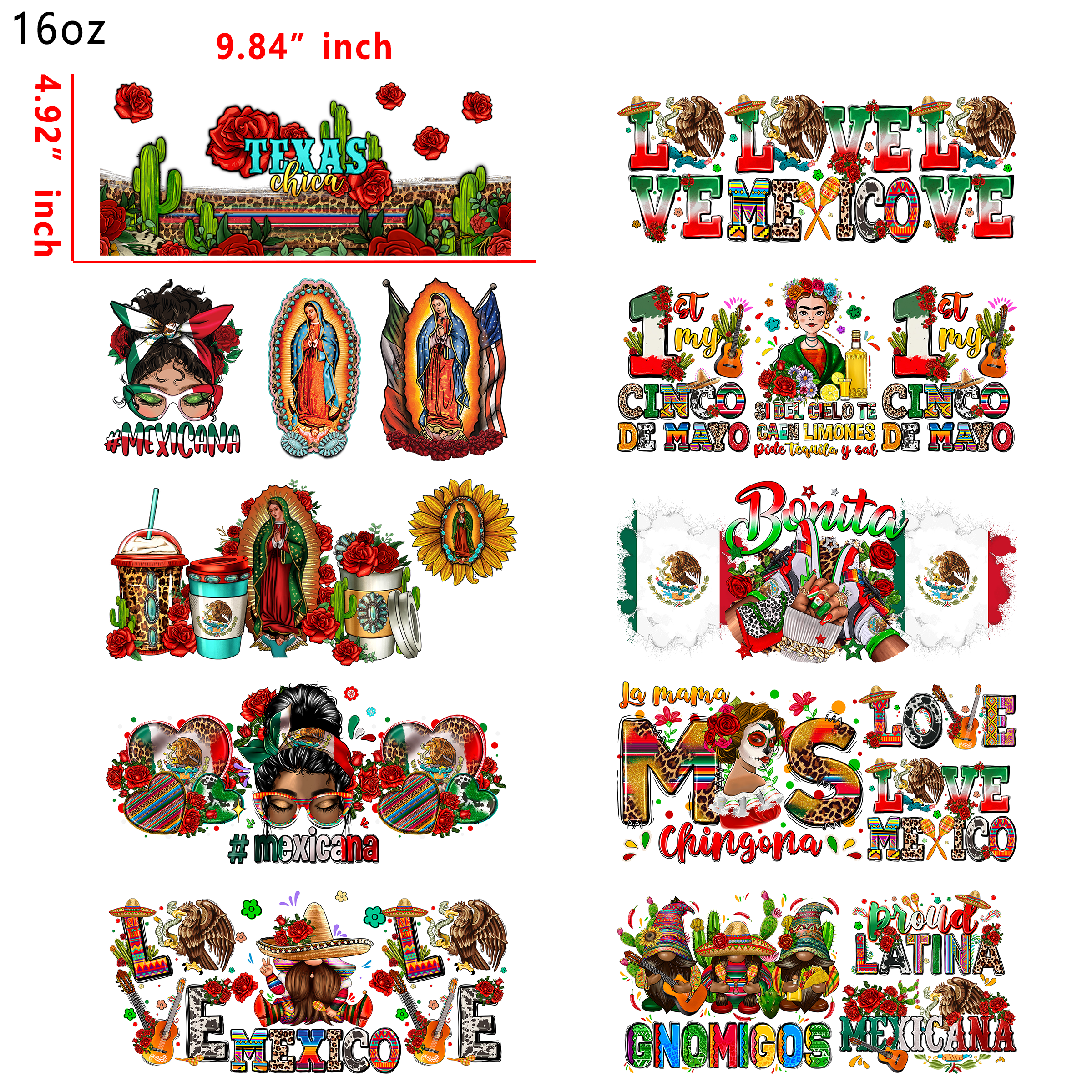 (U48) 20 PCS Mexican Cup wraps 16OZ tumbler water proof