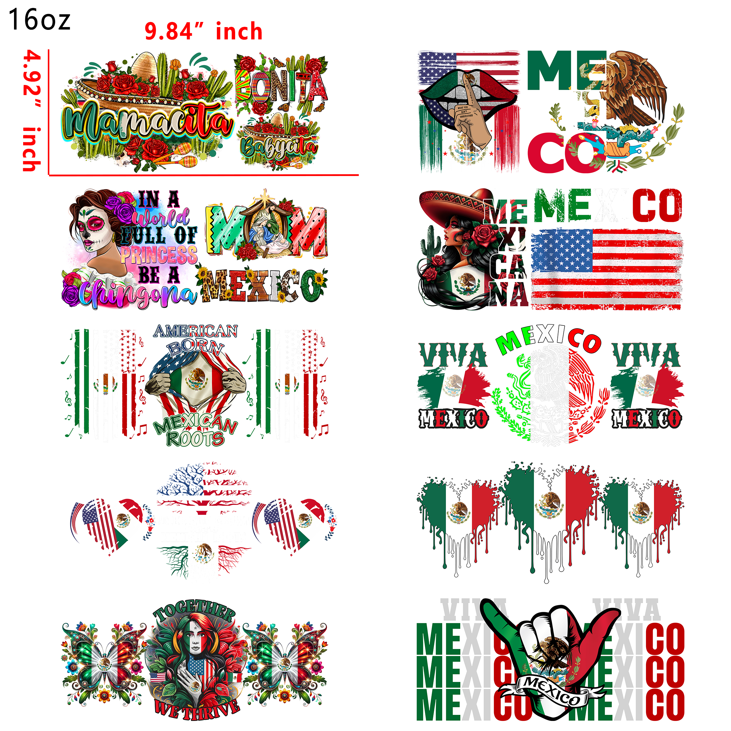 (U48) 20 PCS Mexican Cup wraps 16OZ tumbler water proof