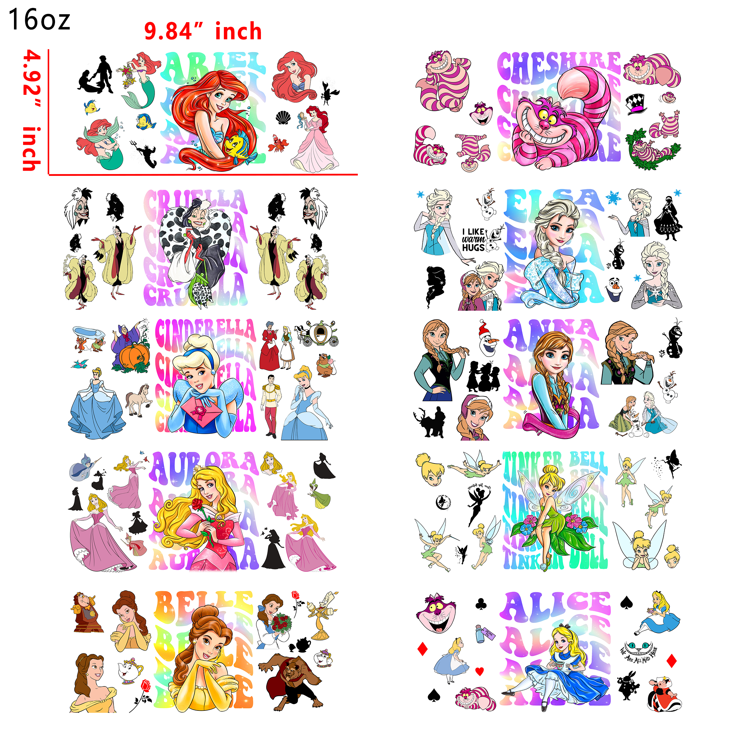(U8) 20 PCS Princess Villains Cup wraps 16OZ tumbler water proof