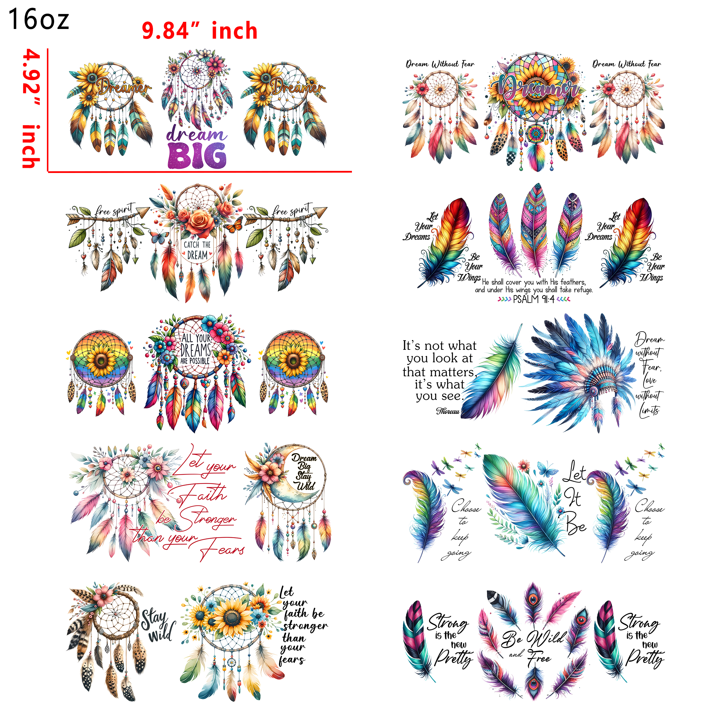 (X19) 20 PCS Dream Catcher Cup wraps 16OZ tumbler water proof