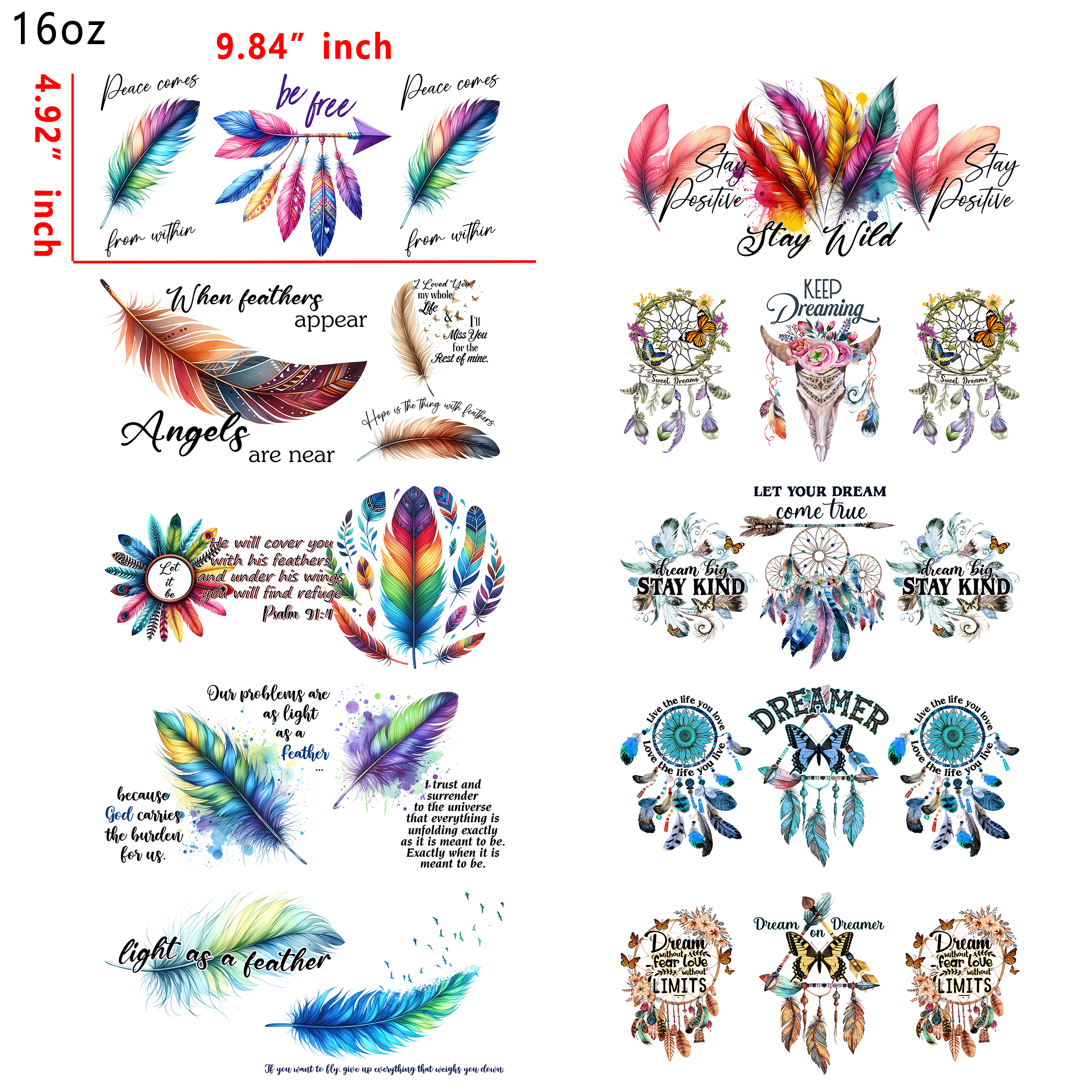 (X19) 20 PCS Dream Catcher Cup wraps 16OZ tumbler water proof