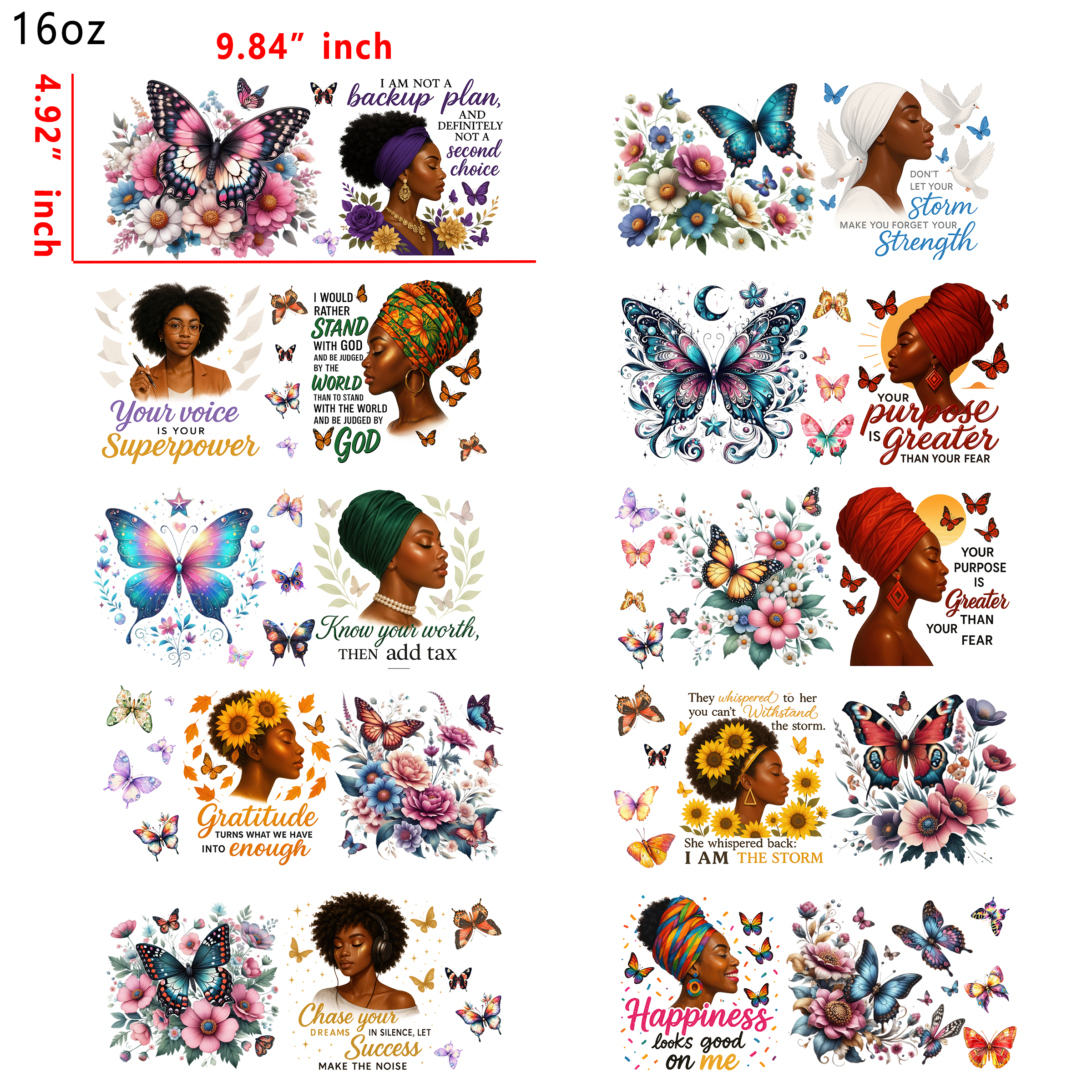 (X23) 20 PCS Black Girl Cup wraps 16OZ tumbler water proof