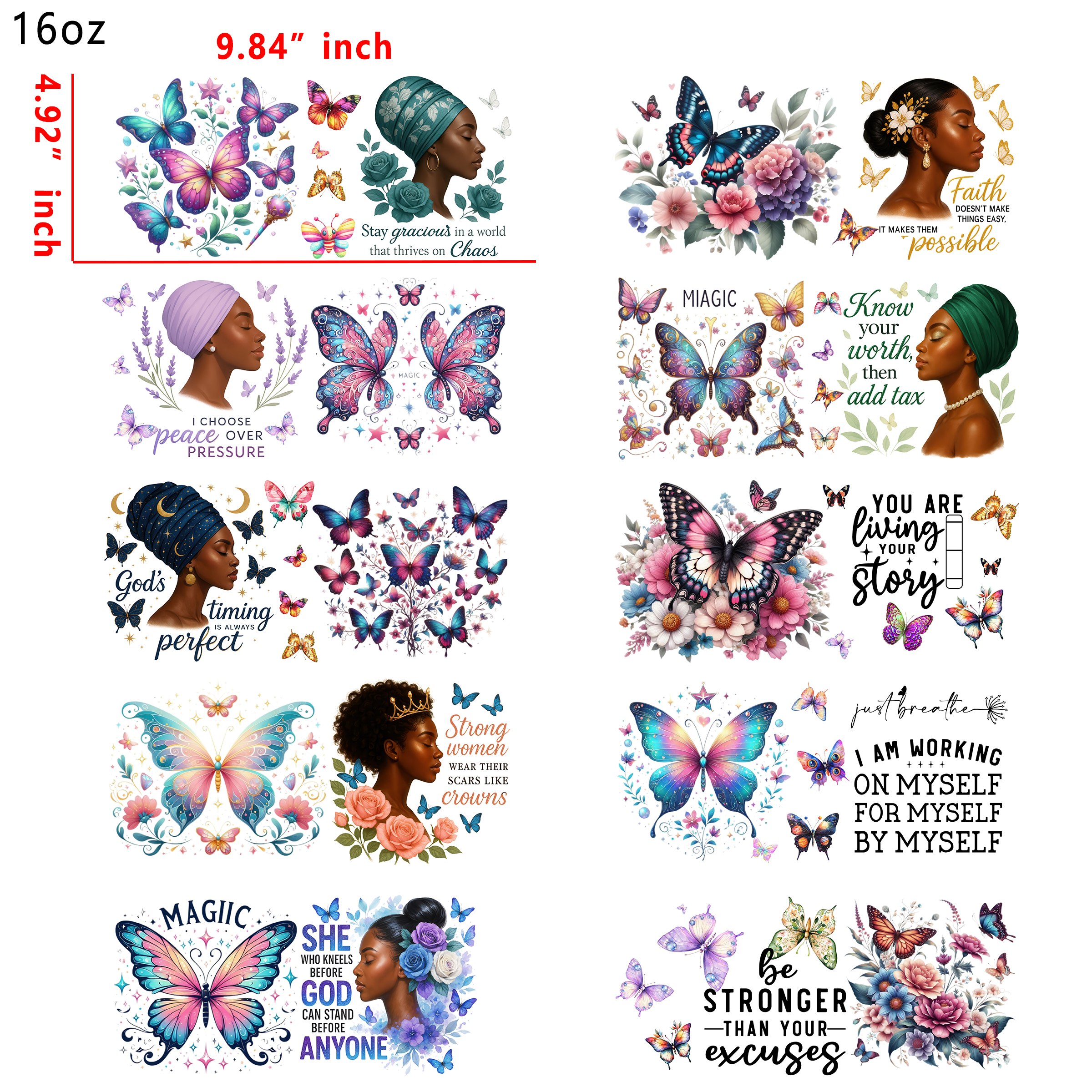(X23) 20 PCS Black Girl Cup wraps 16OZ tumbler water proof