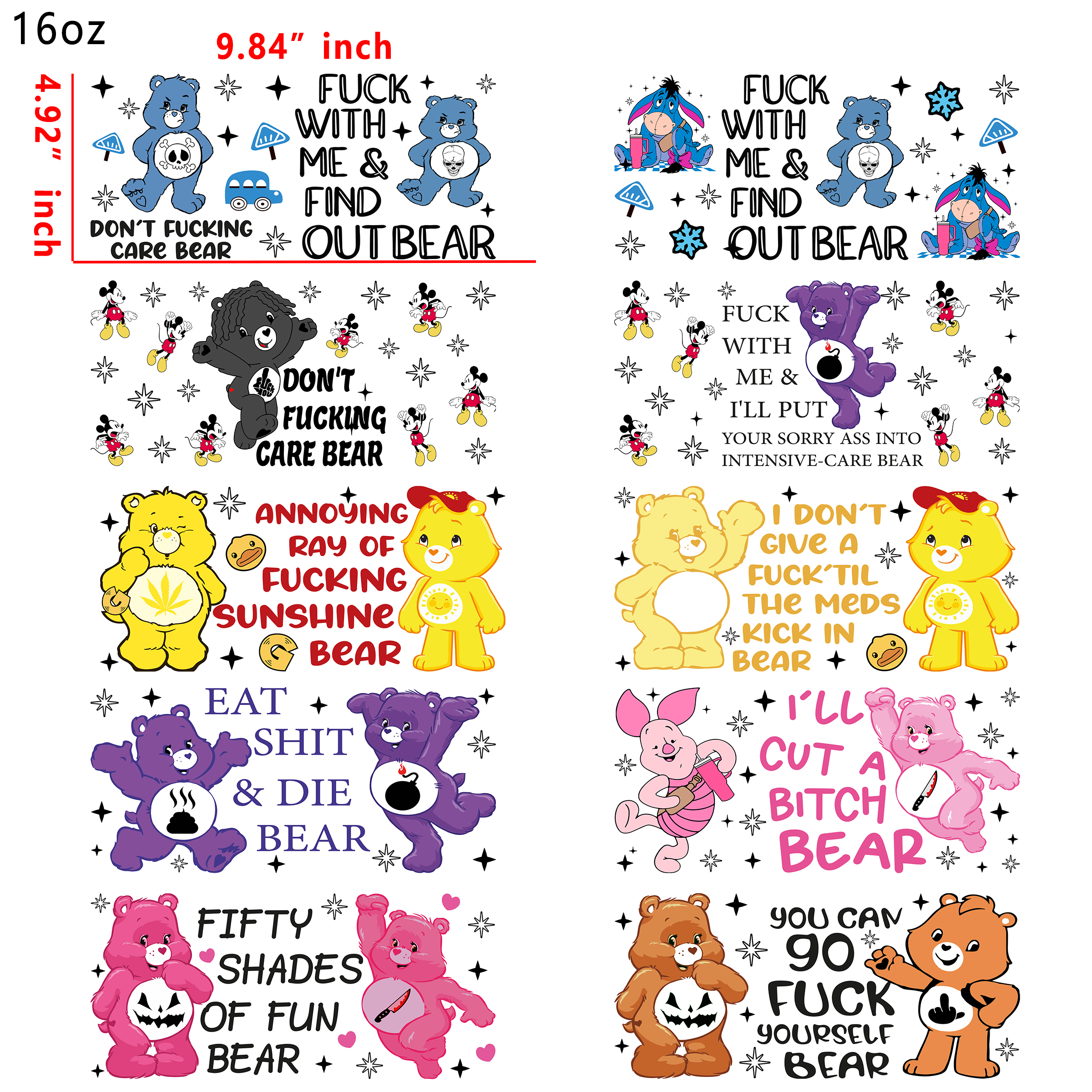 (X52) 20 PCS Cussing Bear up wraps 16OZ tumbler water proof