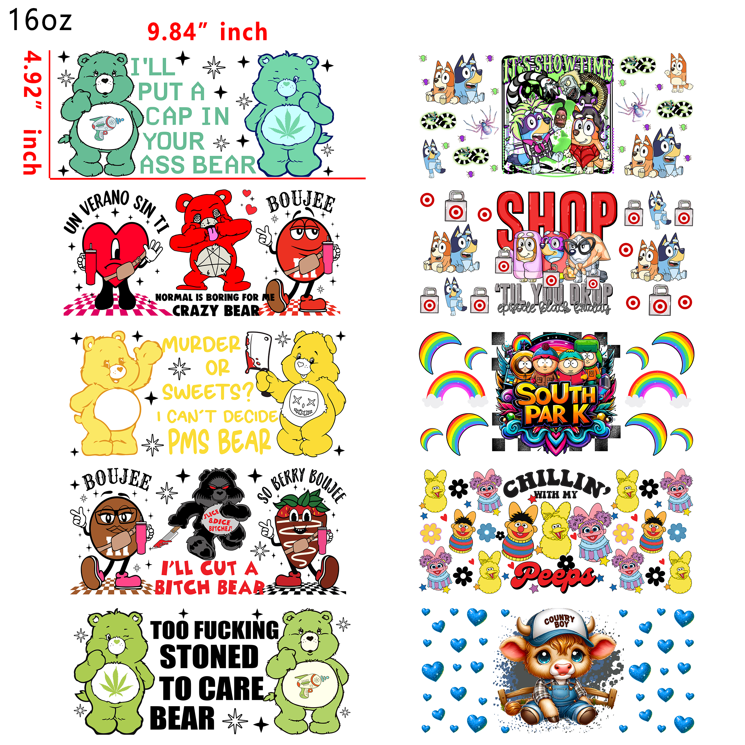 (X52) 20 PCS Cussing Bear up wraps 16OZ tumbler water proof