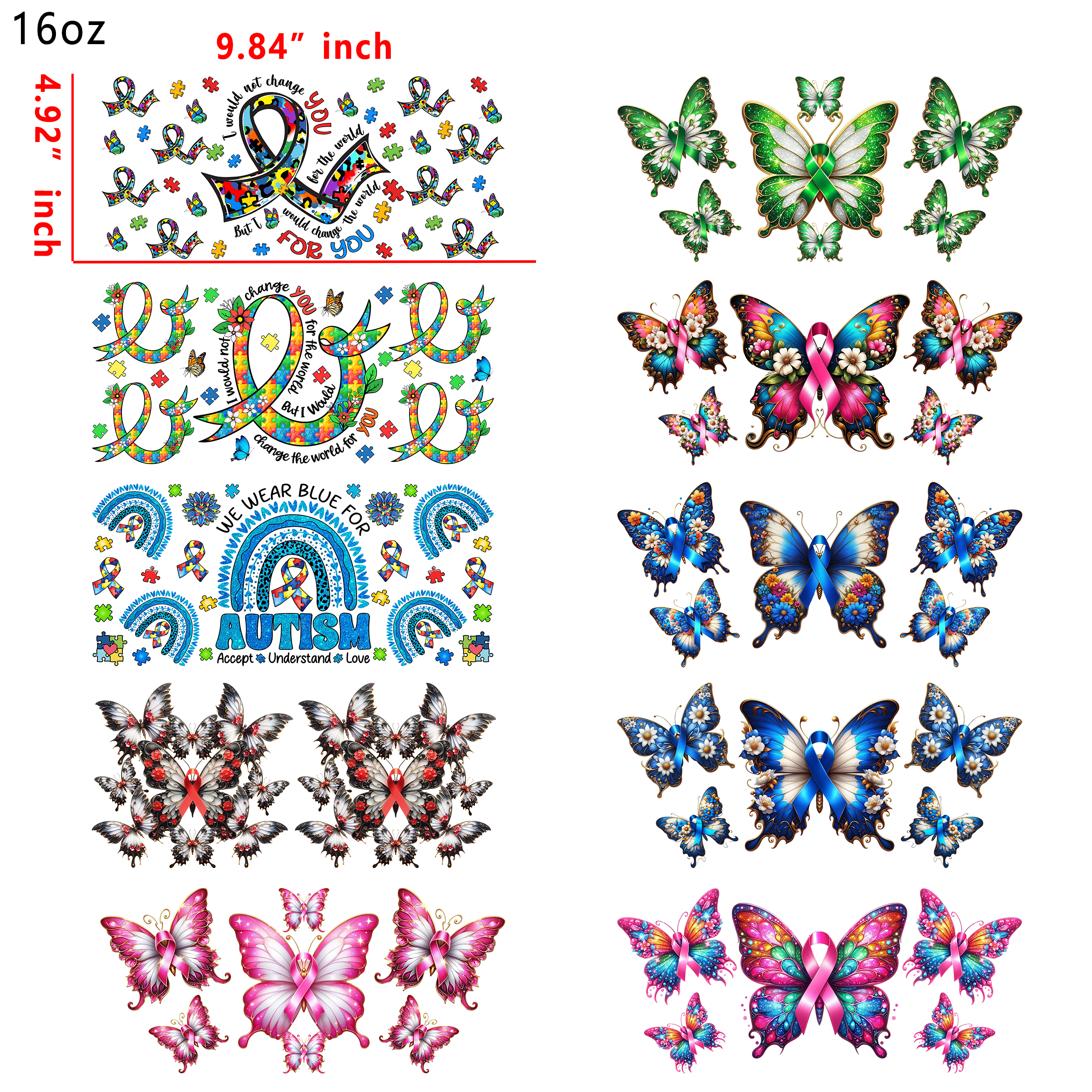 20 PCS Awareness Ribbon Cup wraps 16OZ tumbler water proof