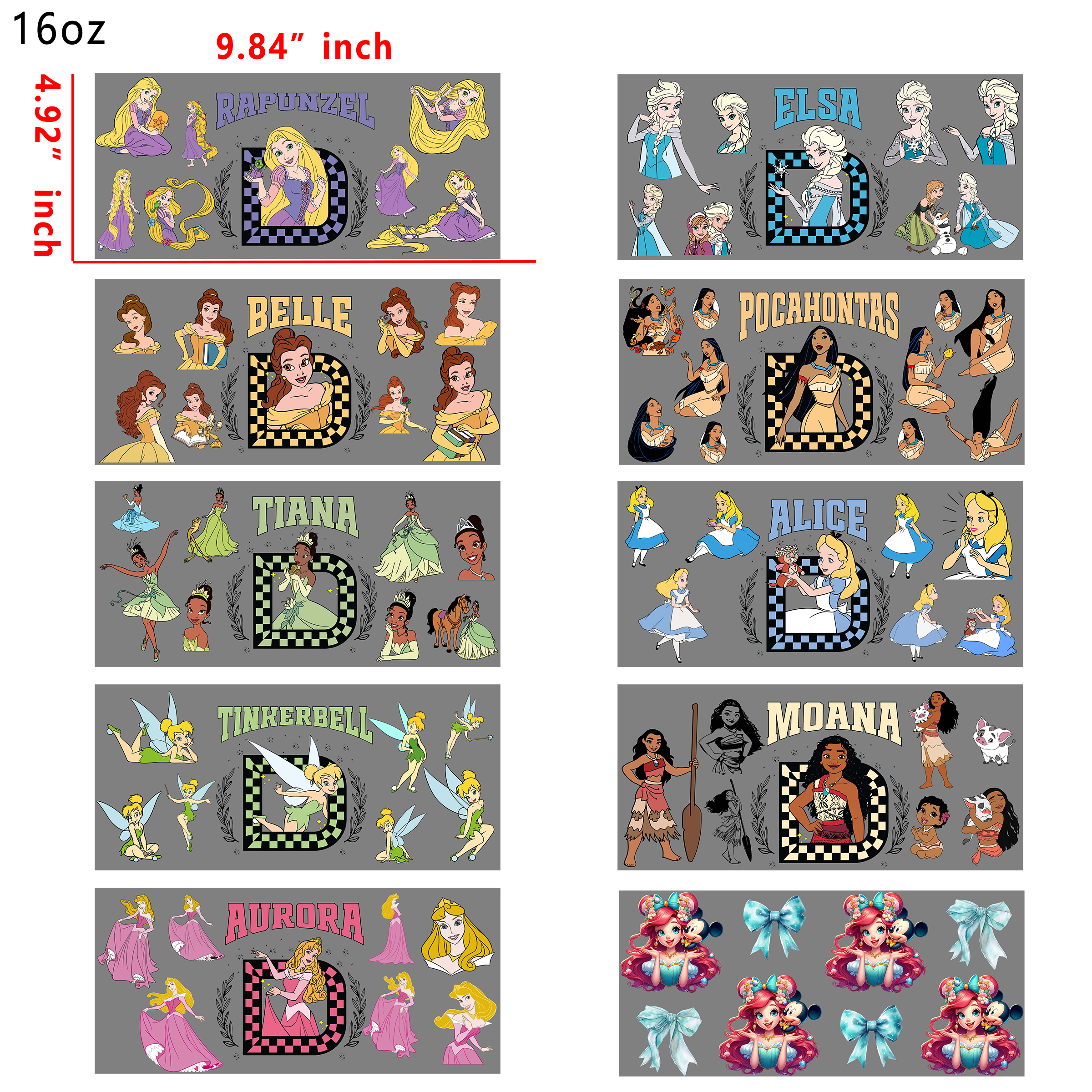 20 PCS Disney Princess Bow cup wraps 16OZ tumbler water proof