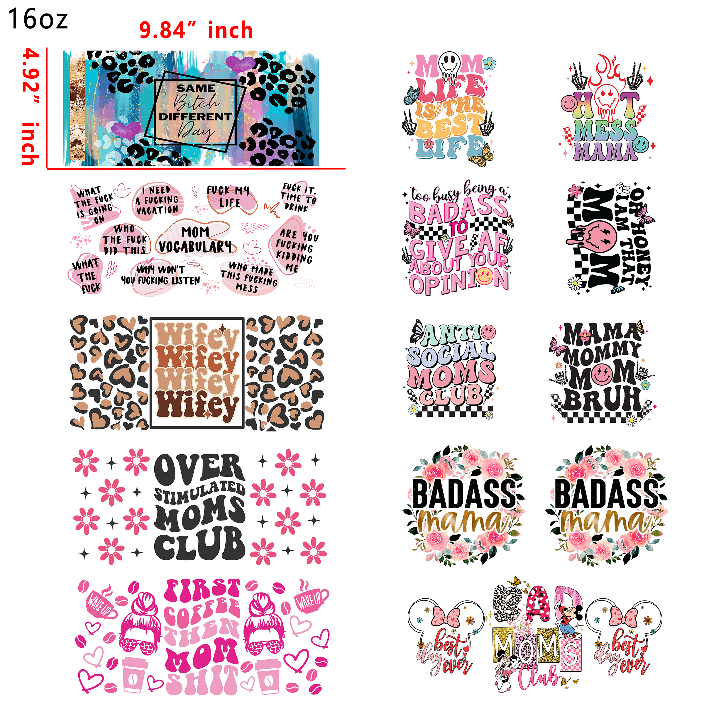 20 PCS Bad Mom cup wraps 16OZ tumbler water proof