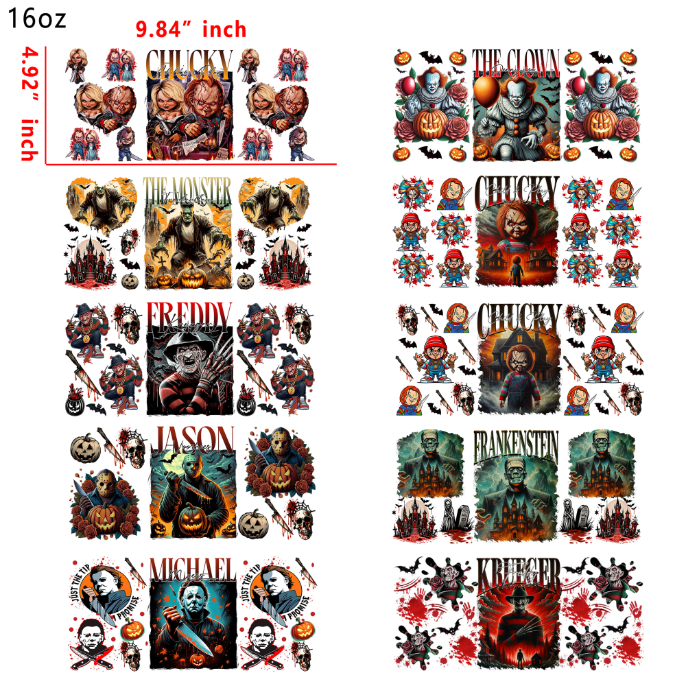 20 PCS Horror Character cup wraps 16OZ tumbler water proof