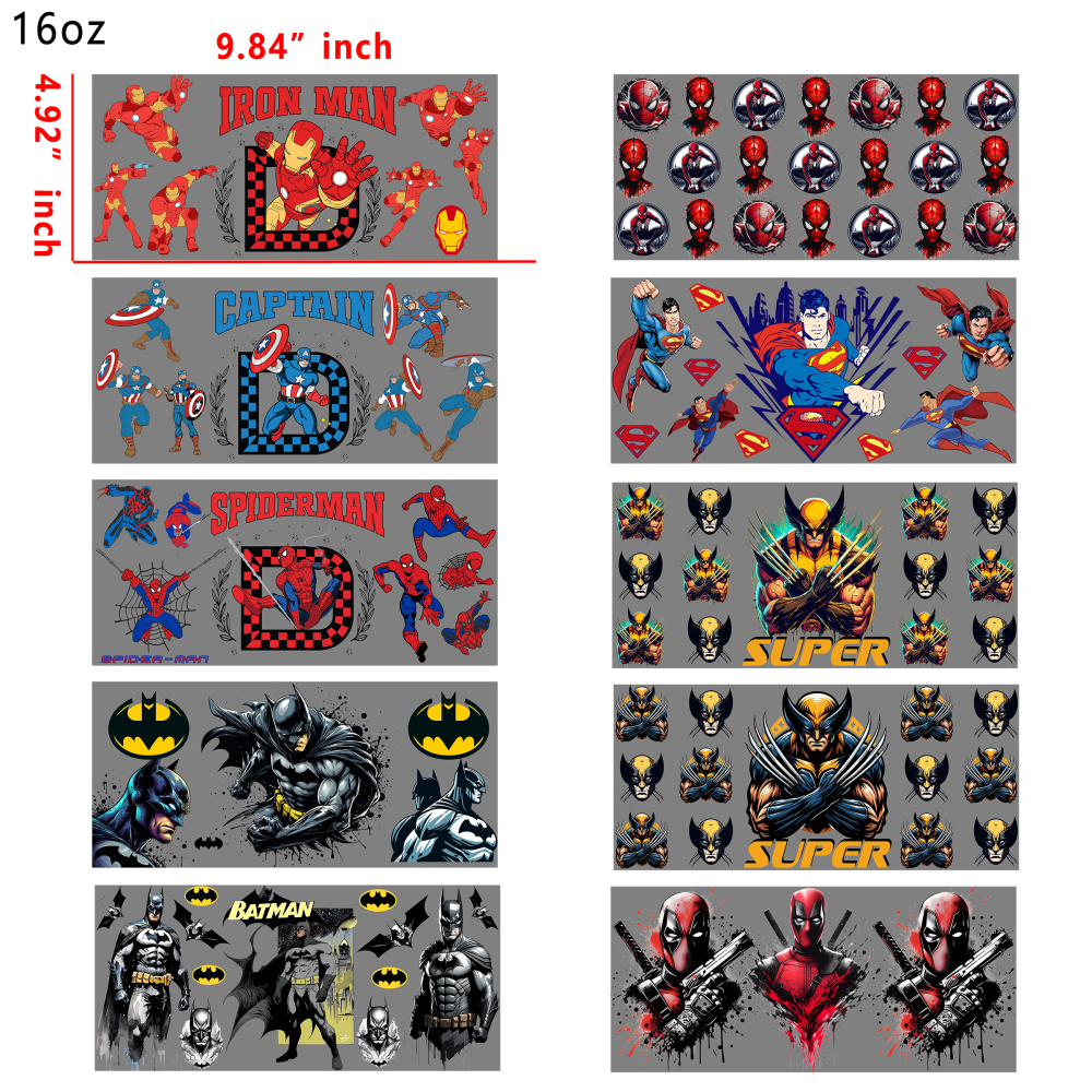 20 PCS Marvel Hero cup wraps 16OZ tumbler water proof