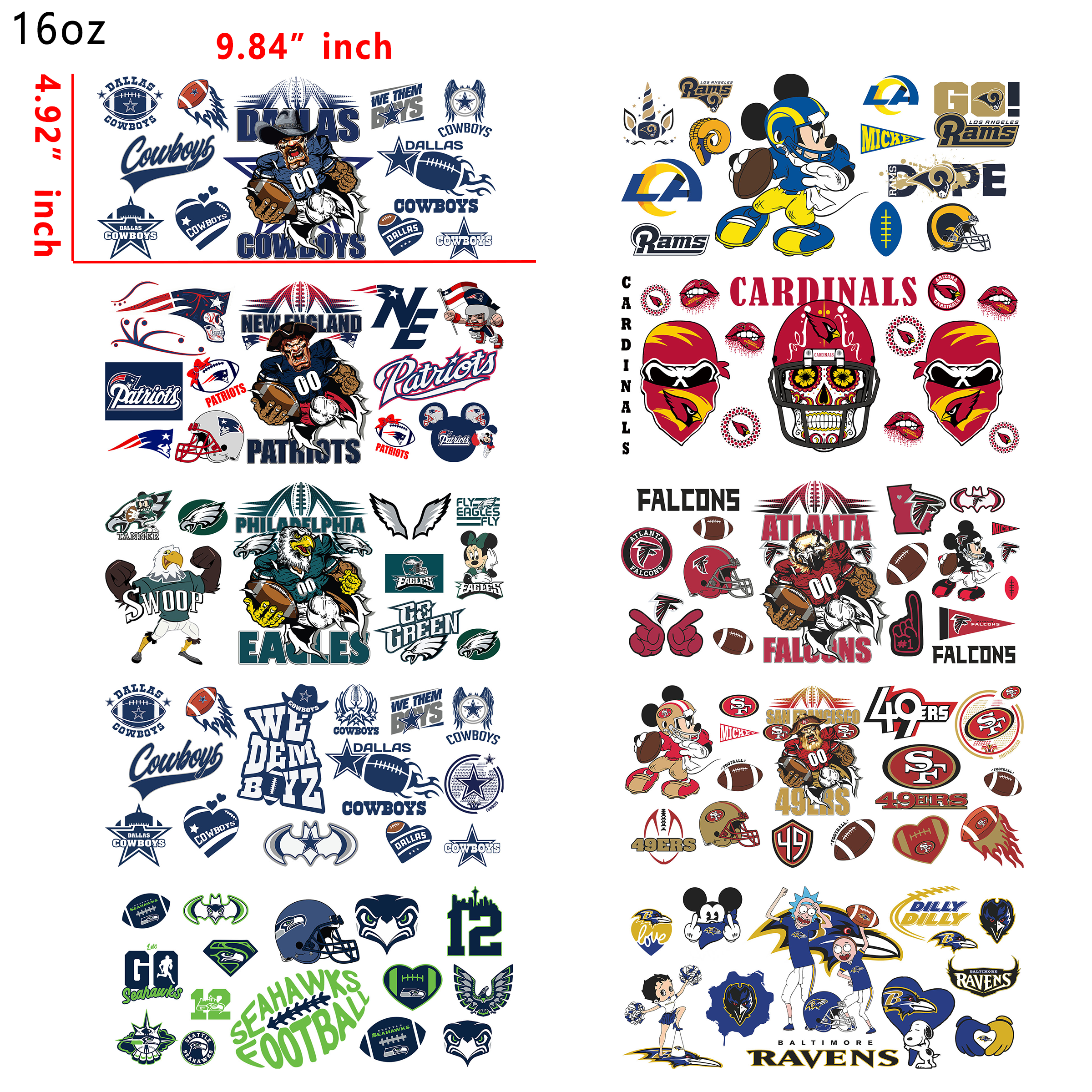 20 PCS NFL Football Team cup wraps 16OZ tumbler water proof