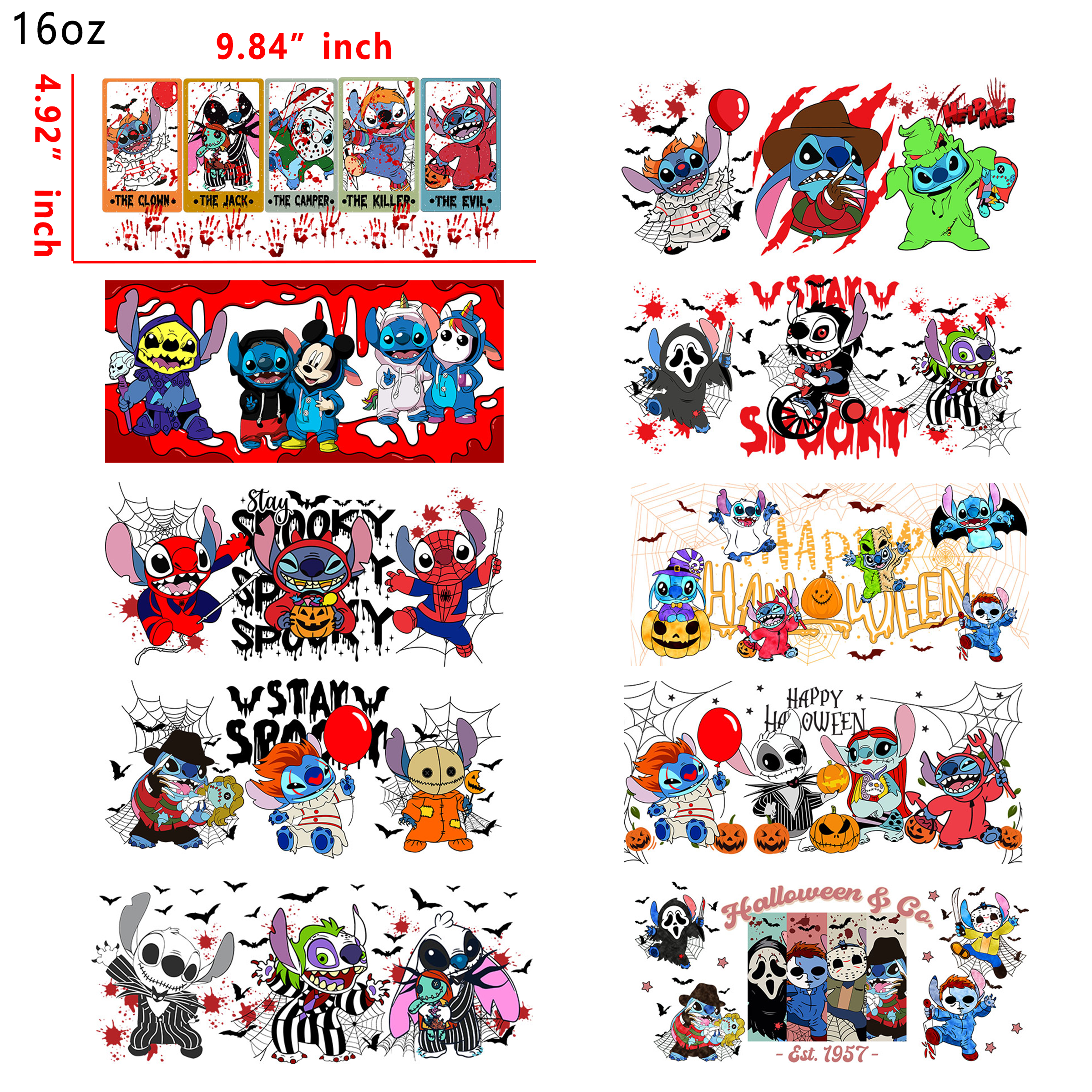 20 PCS Halloween Stitch cup wraps 16OZ tumbler water proof