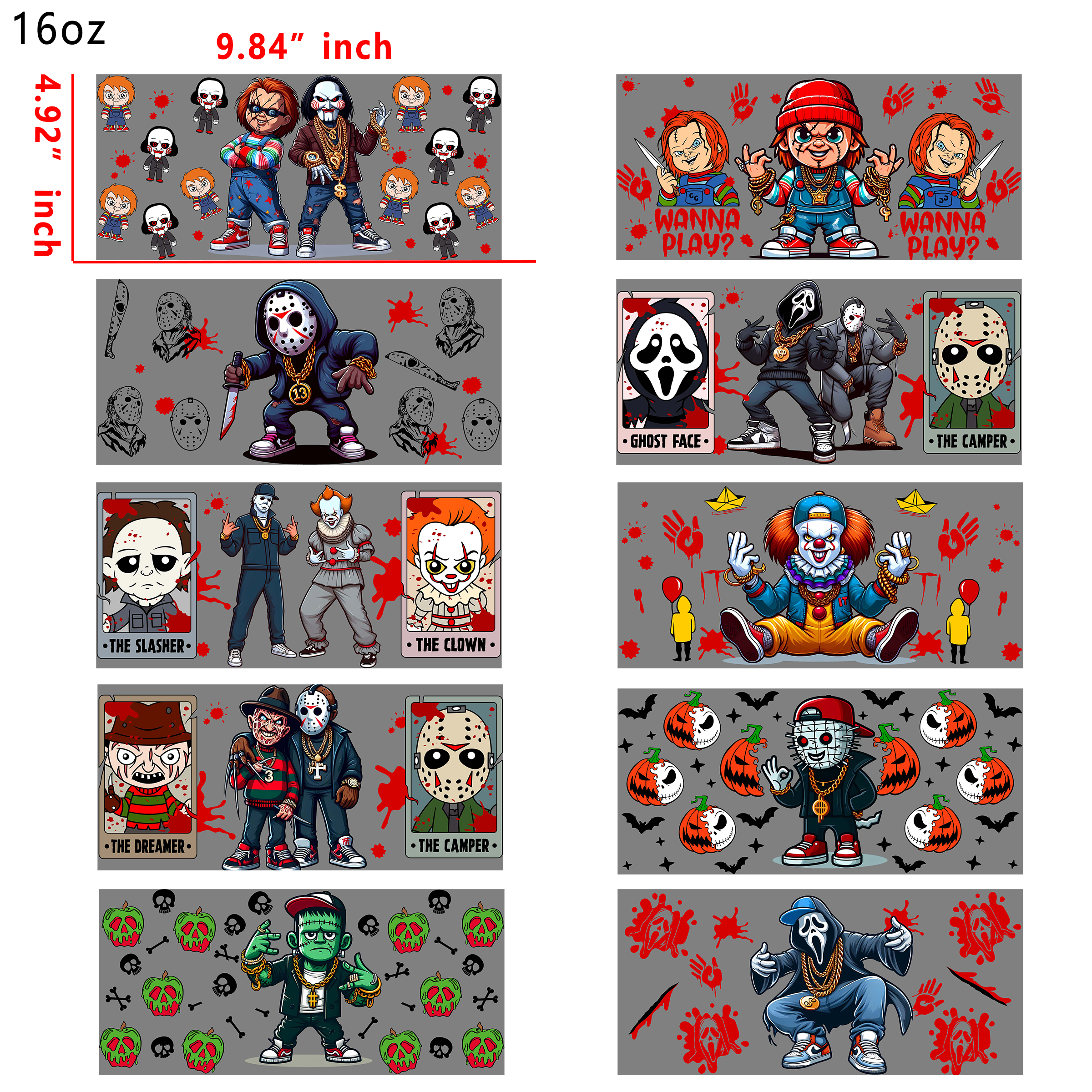20 PCS Hip Hop Horror cup wraps 16OZ tumbler water proof