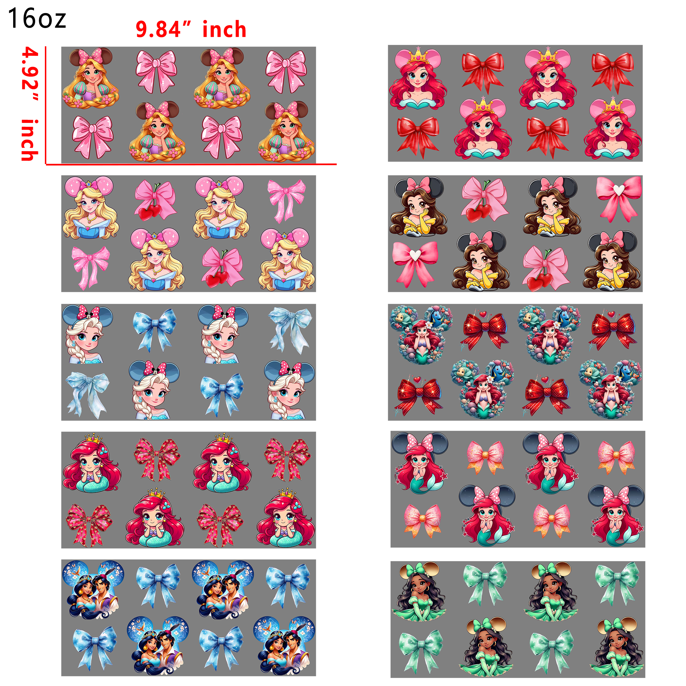 20 PCS Disney Princess Bow cup wraps 16OZ tumbler water proof