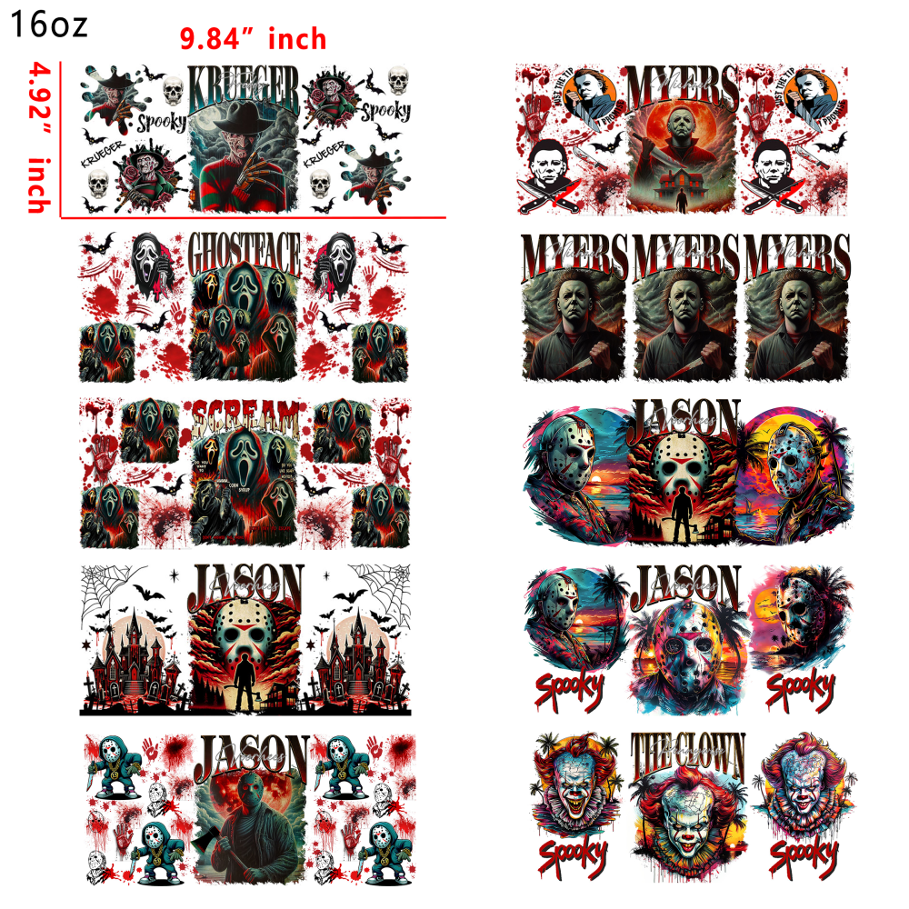 20 PCS Horror Character cup wraps 16OZ tumbler water proof