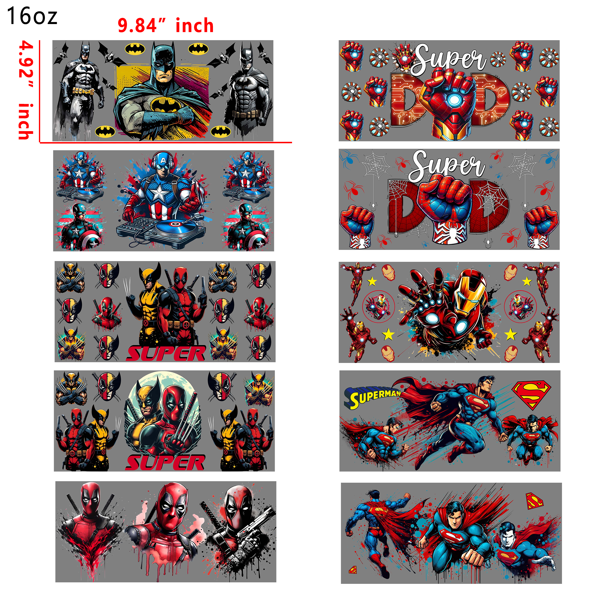 20 PCS Marvel Hero cup wraps 16OZ tumbler water proof