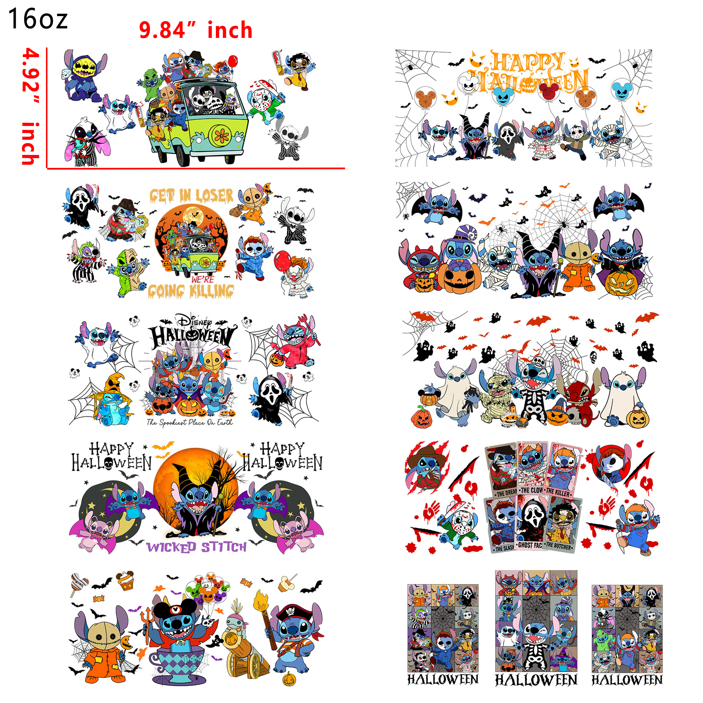 20 PCS Halloween Stitch cup wraps 16OZ tumbler water proof