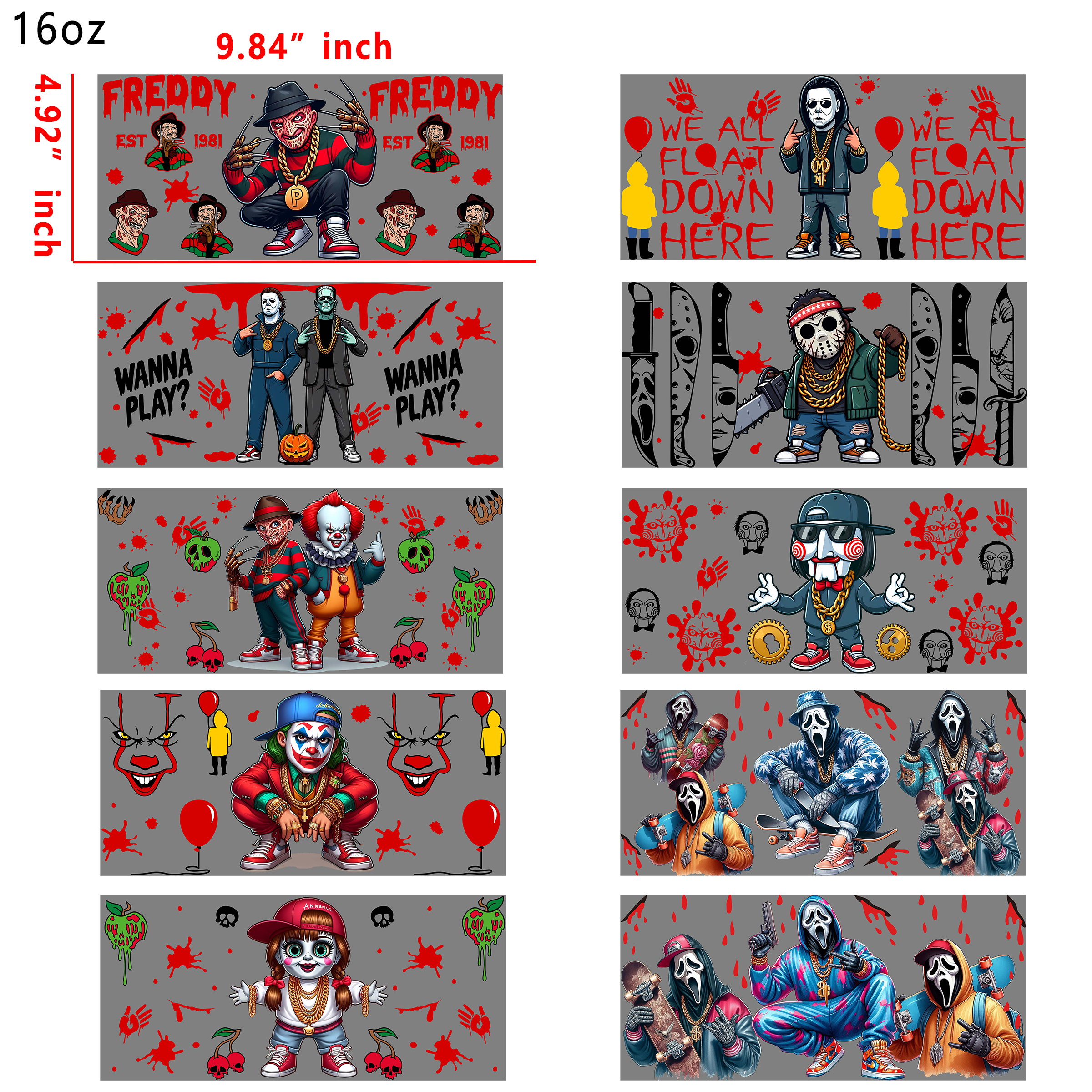 20 PCS Hip Hop Horror cup wraps 16OZ tumbler water proof