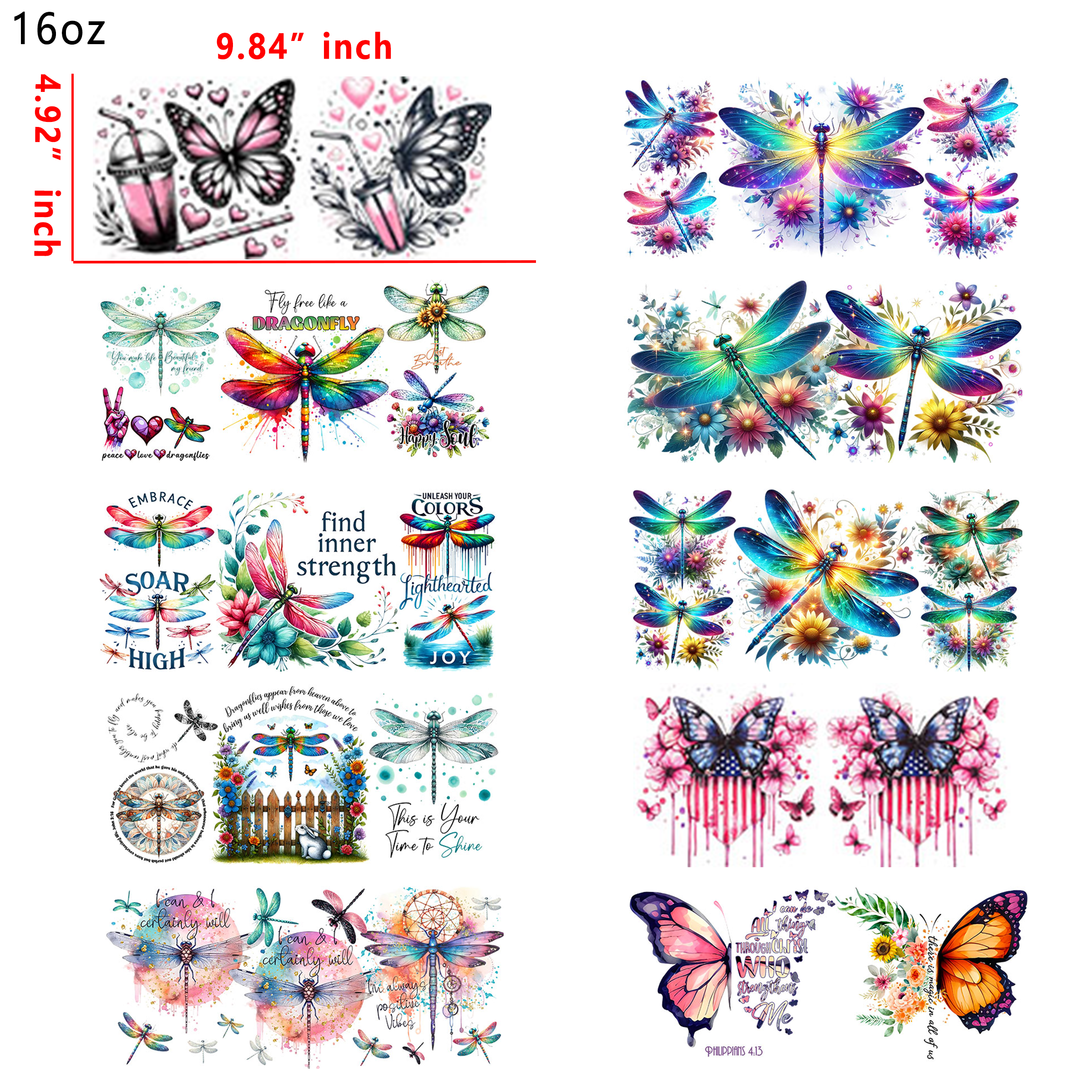 (U75) 20 PCS Butterfly Dragonfly cup wraps 16OZ tumbler water proof