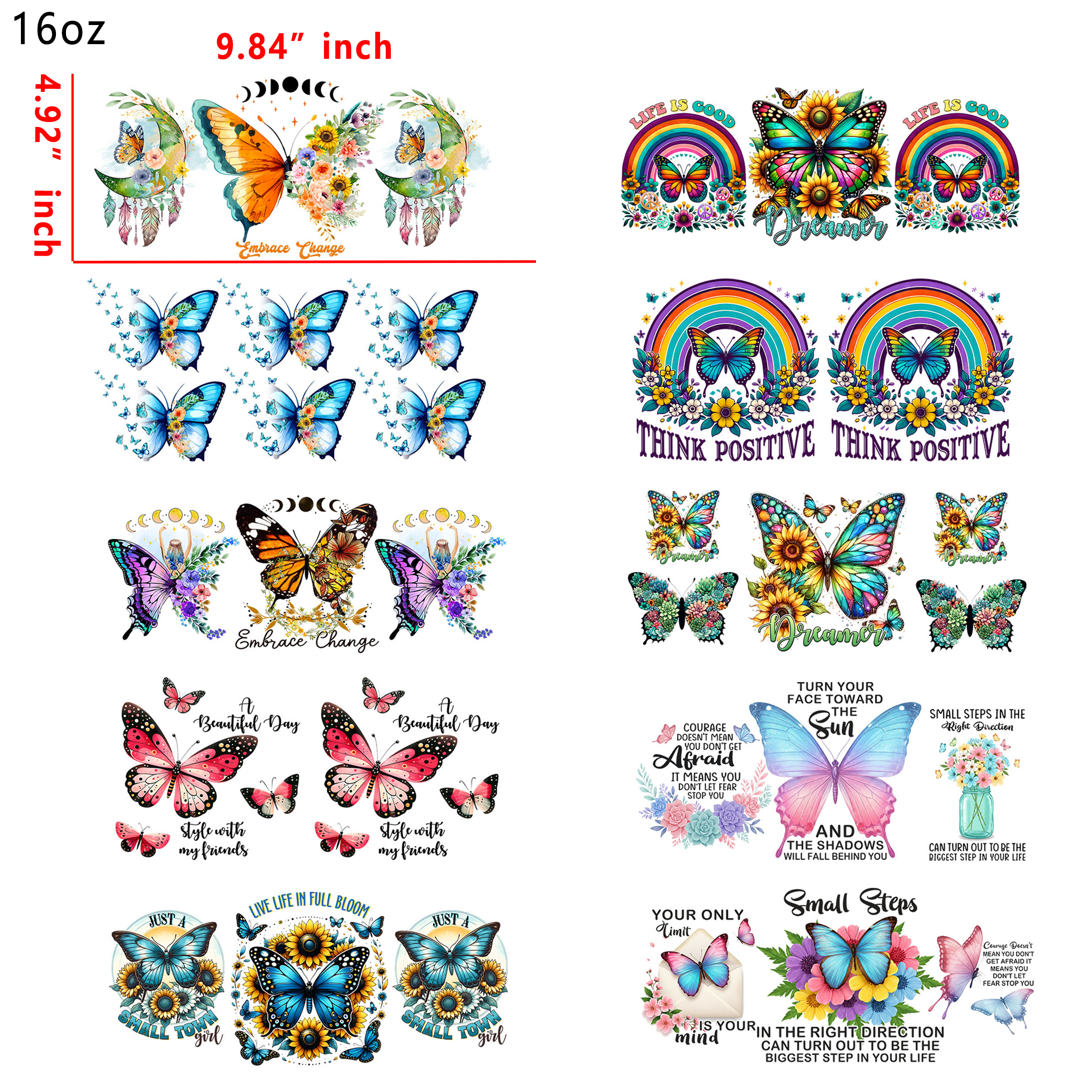 (U75) 20 PCS Butterfly Dragonfly cup wraps 16OZ tumbler water proof