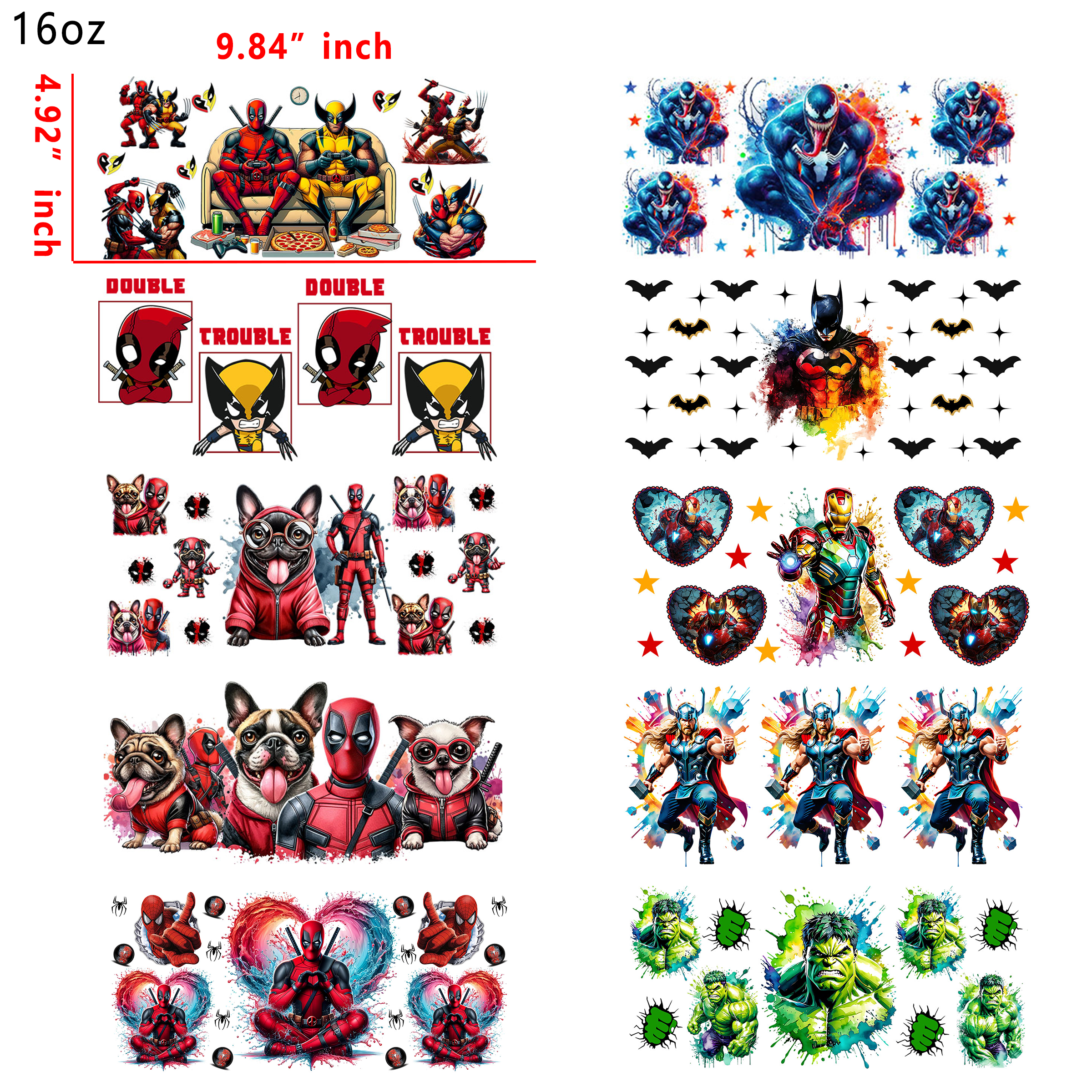(U78) 20 PCS Marvel Hero cup wraps 16OZ tumbler water proof