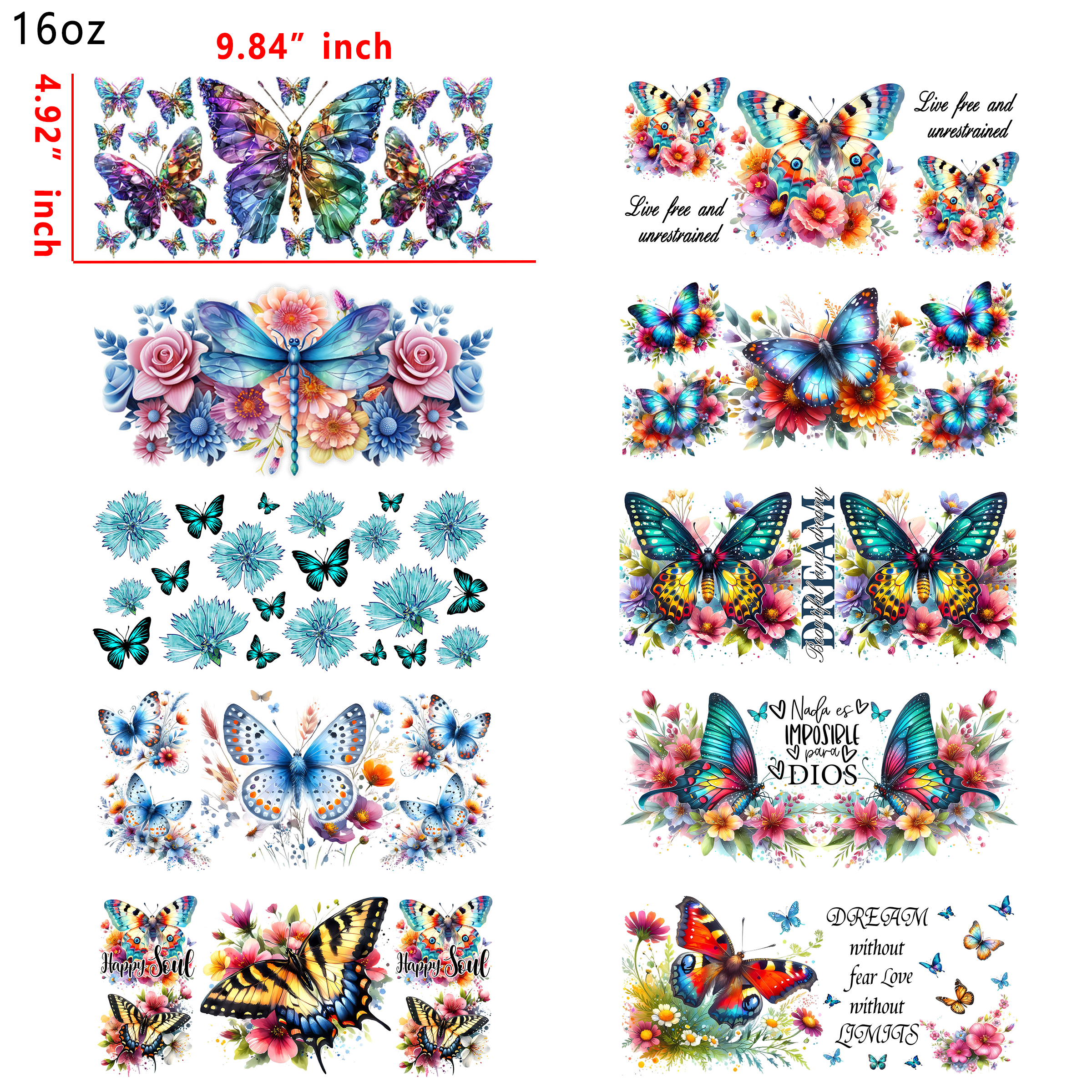 (U9) 20 PCS Butterfly cup wraps 16OZ tumbler water proof