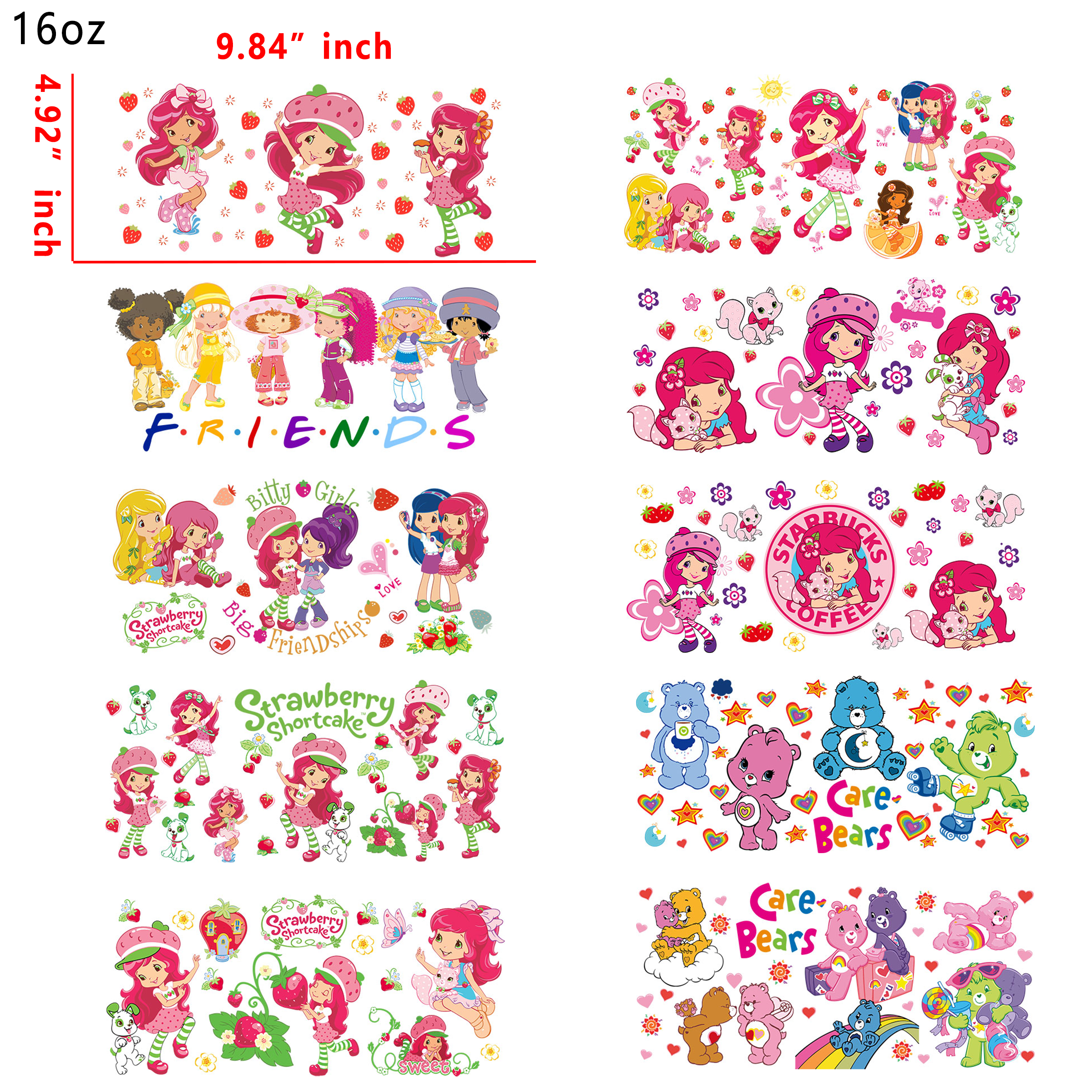 20 PCS Carebear Strawberry shortcake cup wraps 16OZ tumbler water proof