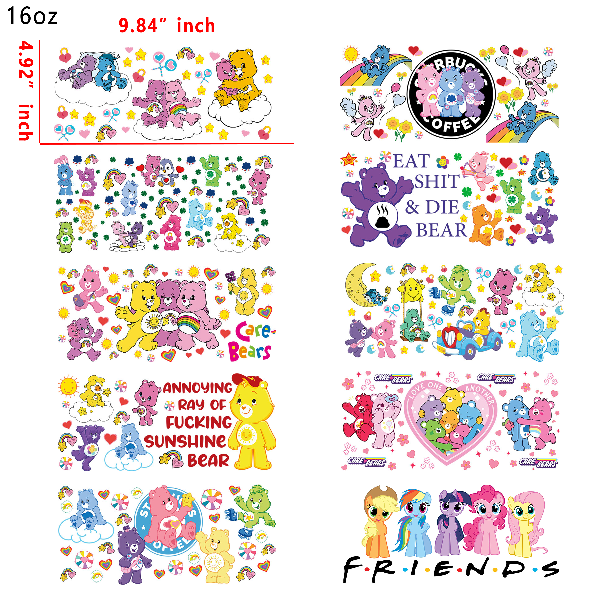 20 PCS Carebear Strawberry shortcake cup wraps 16OZ tumbler water proof